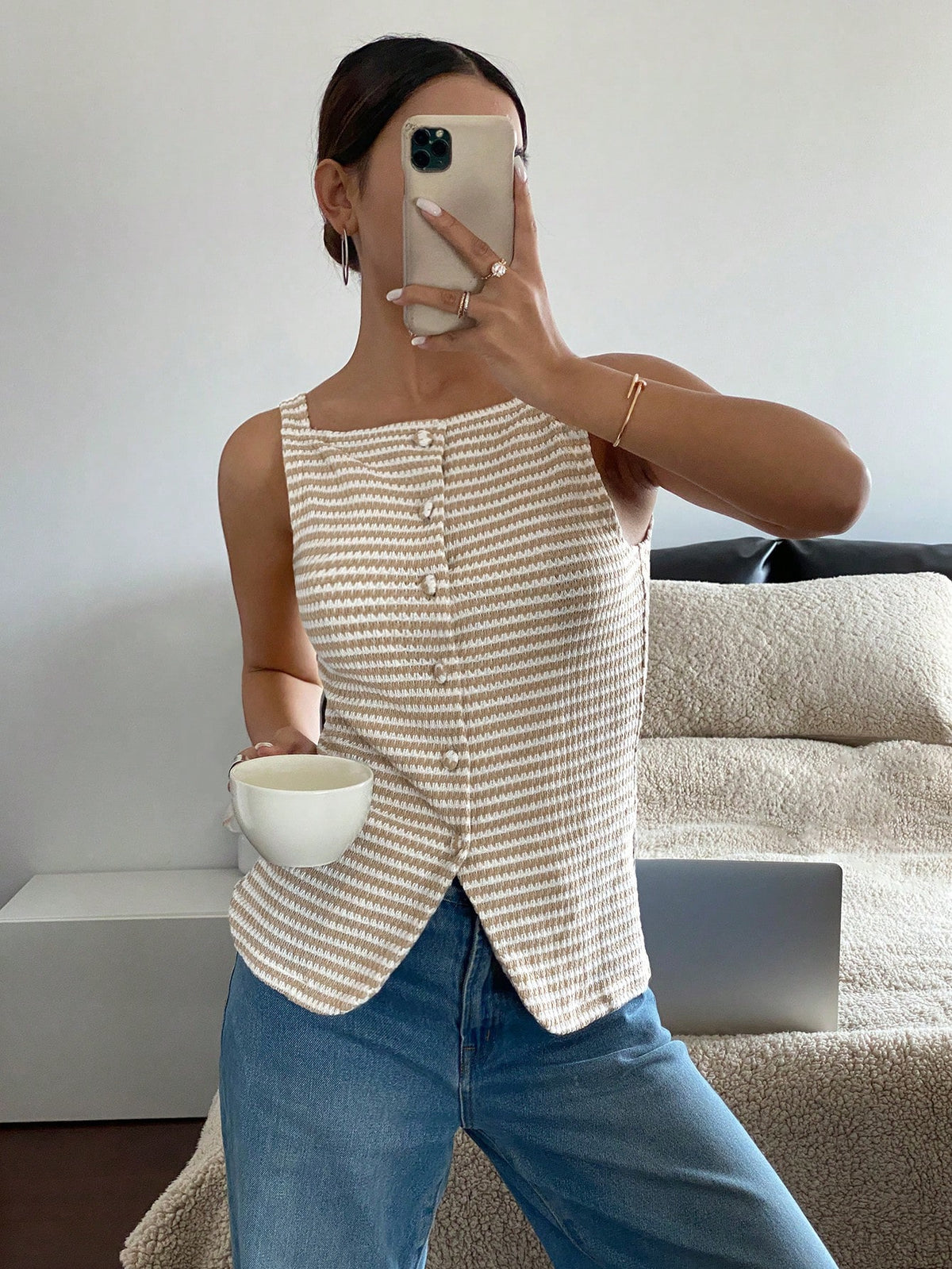 Siren Gaze Women Beige And Stripe Summer Elegant French Brunch Sleeveless Blouse Square Collar Button Front Slit Textured Top Cinched Waist Office Date Birthday