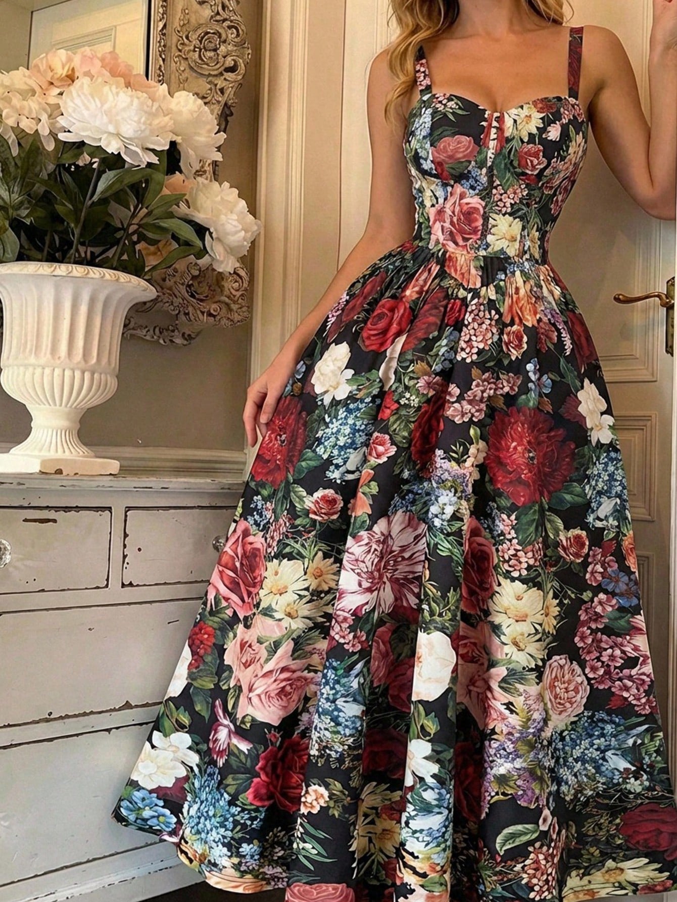 Skyraze Women's Black Floral Print Elegant Summer Spaghetti Strap Dress,Waist Cinched Victorian Style Outfit For Date,Party,Wedding,Prom & Birthday,Vintage