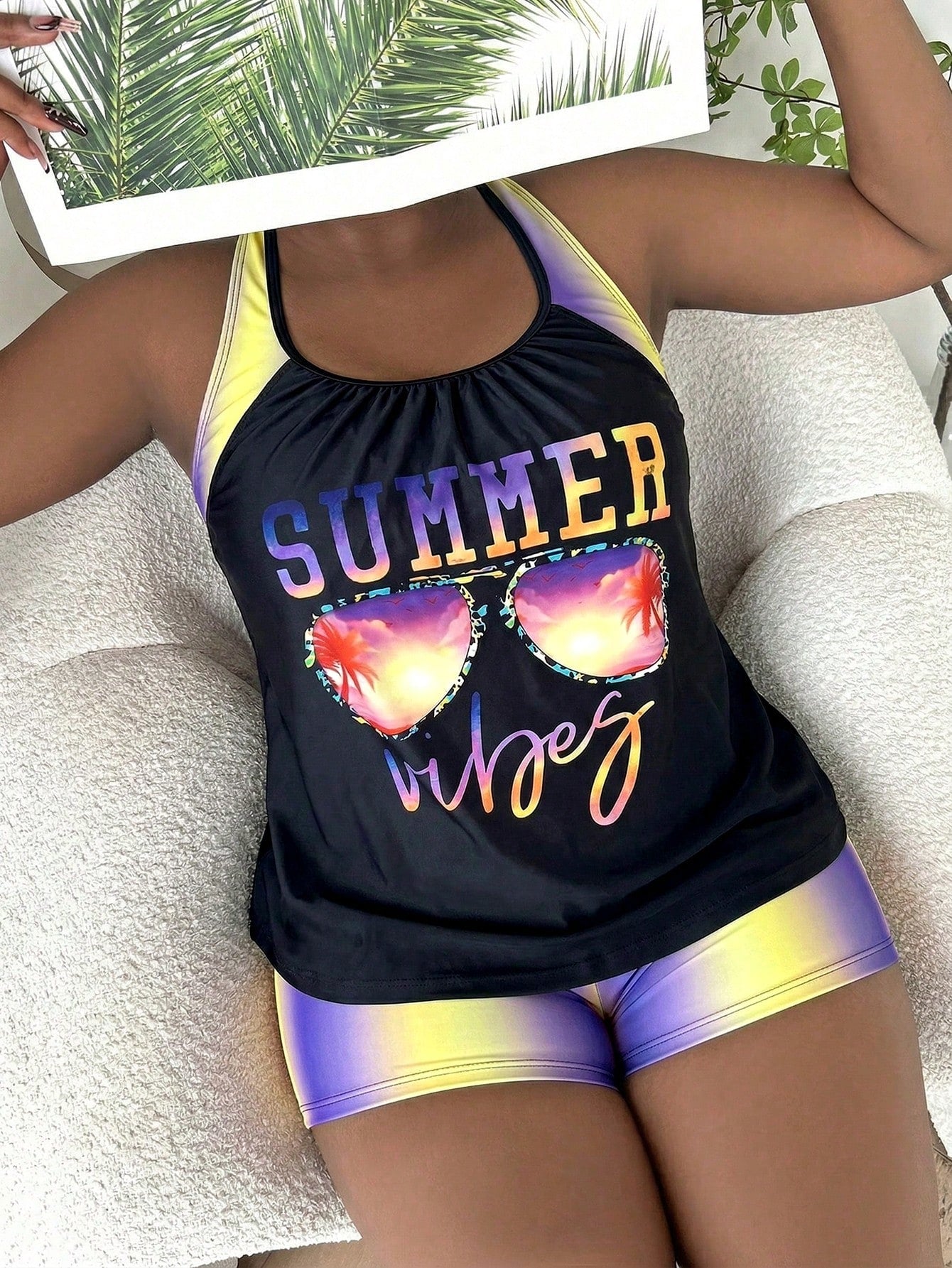 Slaydiva Plus Size Women Summer Beach Vacation Ombre Letter Print Crisscross Back Tankinis Swimwear