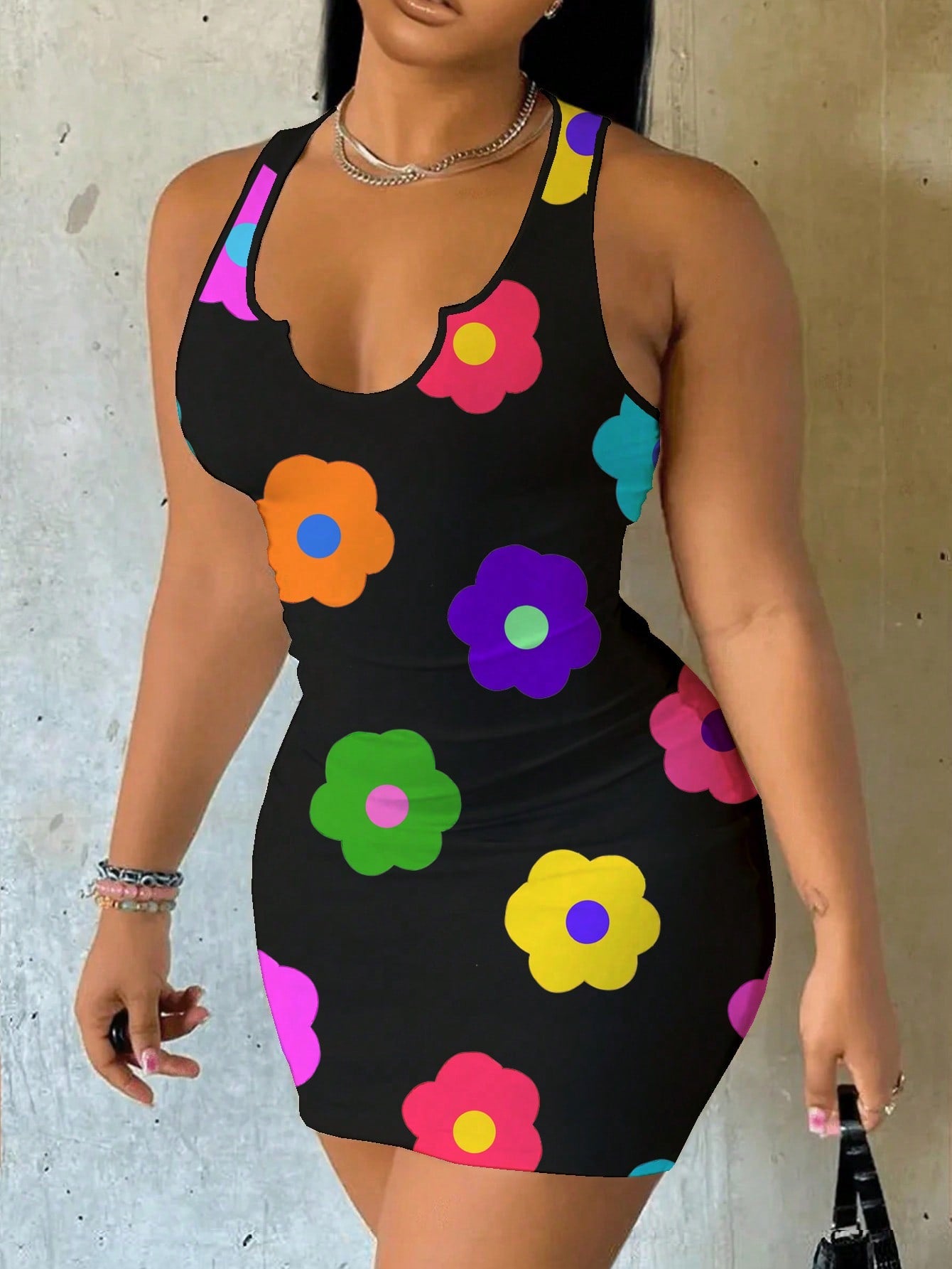 Slaydiva Women's Notched Neck Sleeveless Black Floral Floral Pattern Casual Sexy Summer Mini Dress Xs Y2k Wow Club Night Out