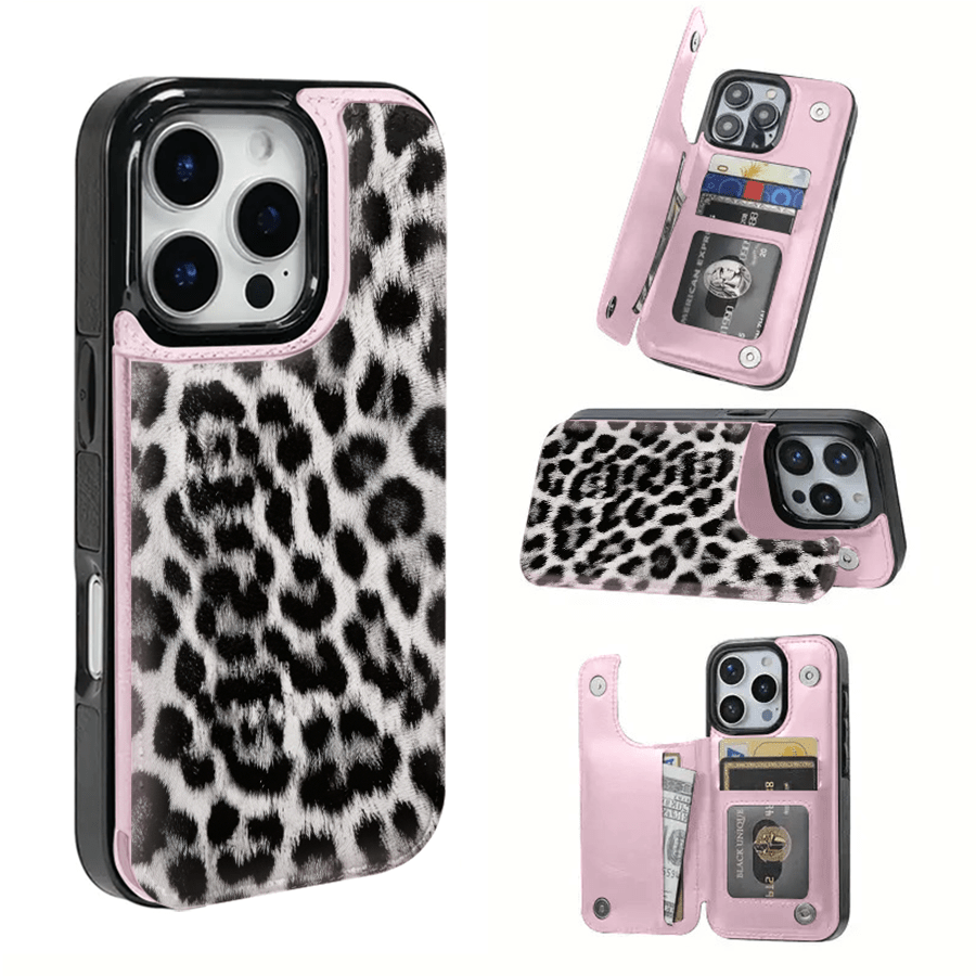 Snow Leopard Print Textured Leather Card Holder Phone Case- Compatible With The 17 Pro Max/Air/16/15/14/13/12/11 Series, As Well As The S22/S23/S24/25 Series. It Makes An Ideal Gift For Christmas