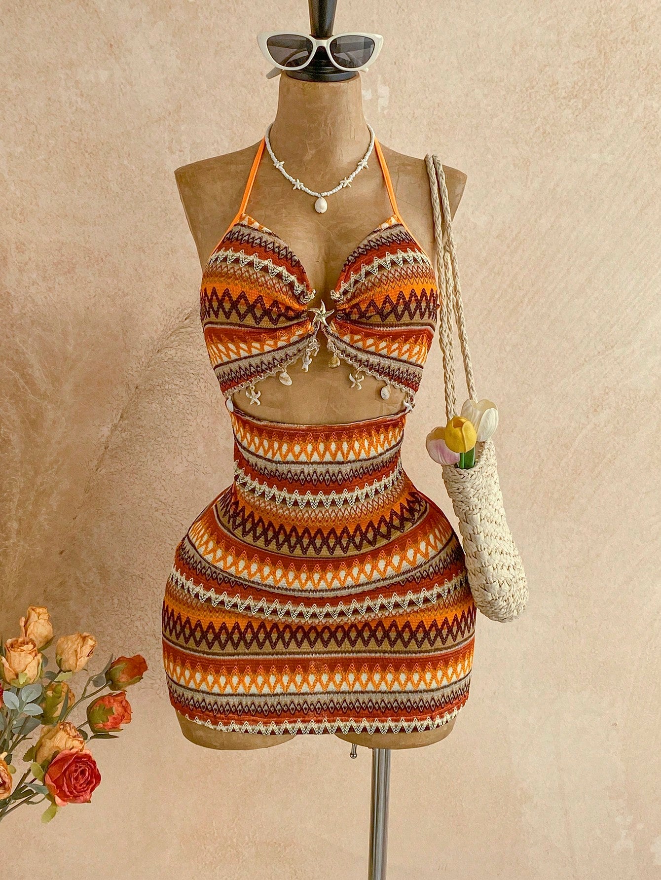 Soleia Women's Burnt Orange Boho Sexy Beach Summer Holiday V-Neck Starfish Metal Decor Tie-Up Backless Textured Fabric A-Line Hollow Mini Dress,Vacation