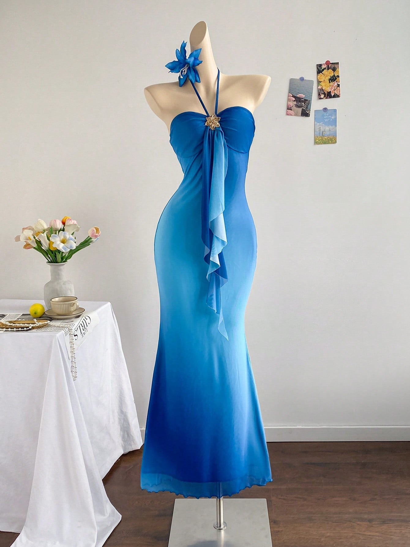 Soleia Women's Sky Blue Elegant Party Night Vacation Knit Mesh Ombre Fitted Halter Tie-Up Metal Buckle Decor Fishtail Maxi Dress, No Chest Padding
