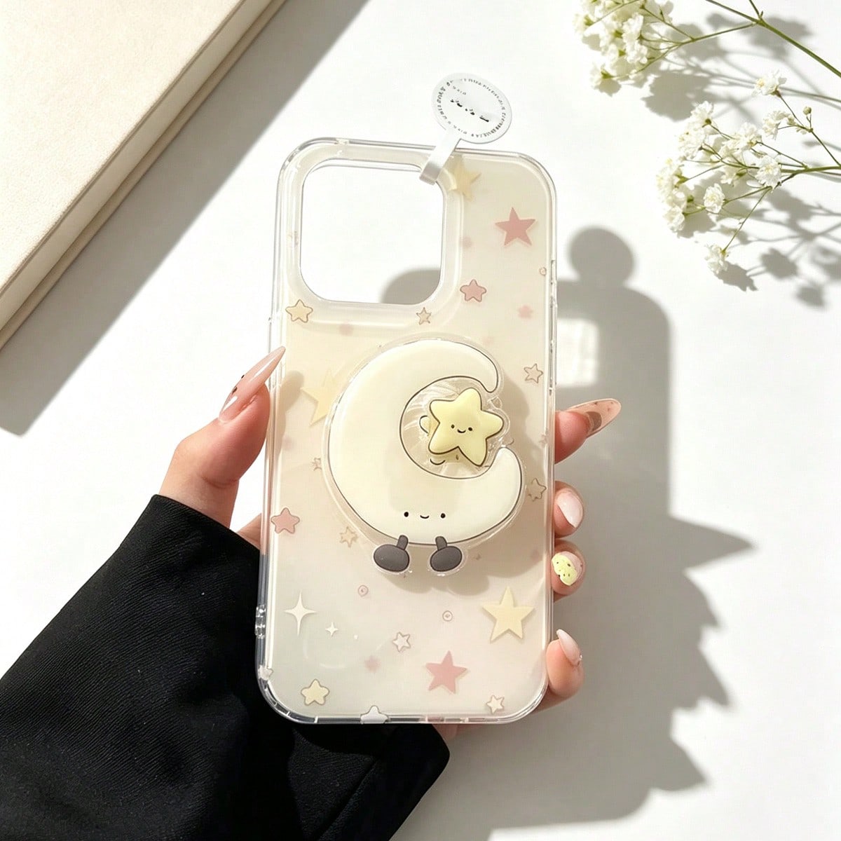 Sparkling Stars + Moon Rotating Phone Stand Compatible With Apple 17 Pro Max Phone Case 16 15 Large Hole 14/13 Stand 12 11/XR