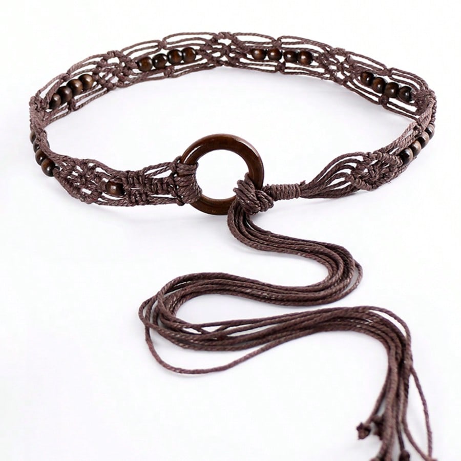 Spring And Summer Fashion Multi-Color Bohemian Style Wax Rope Handmade Wooden Circle Braided Hollow Belt With Dress Belt