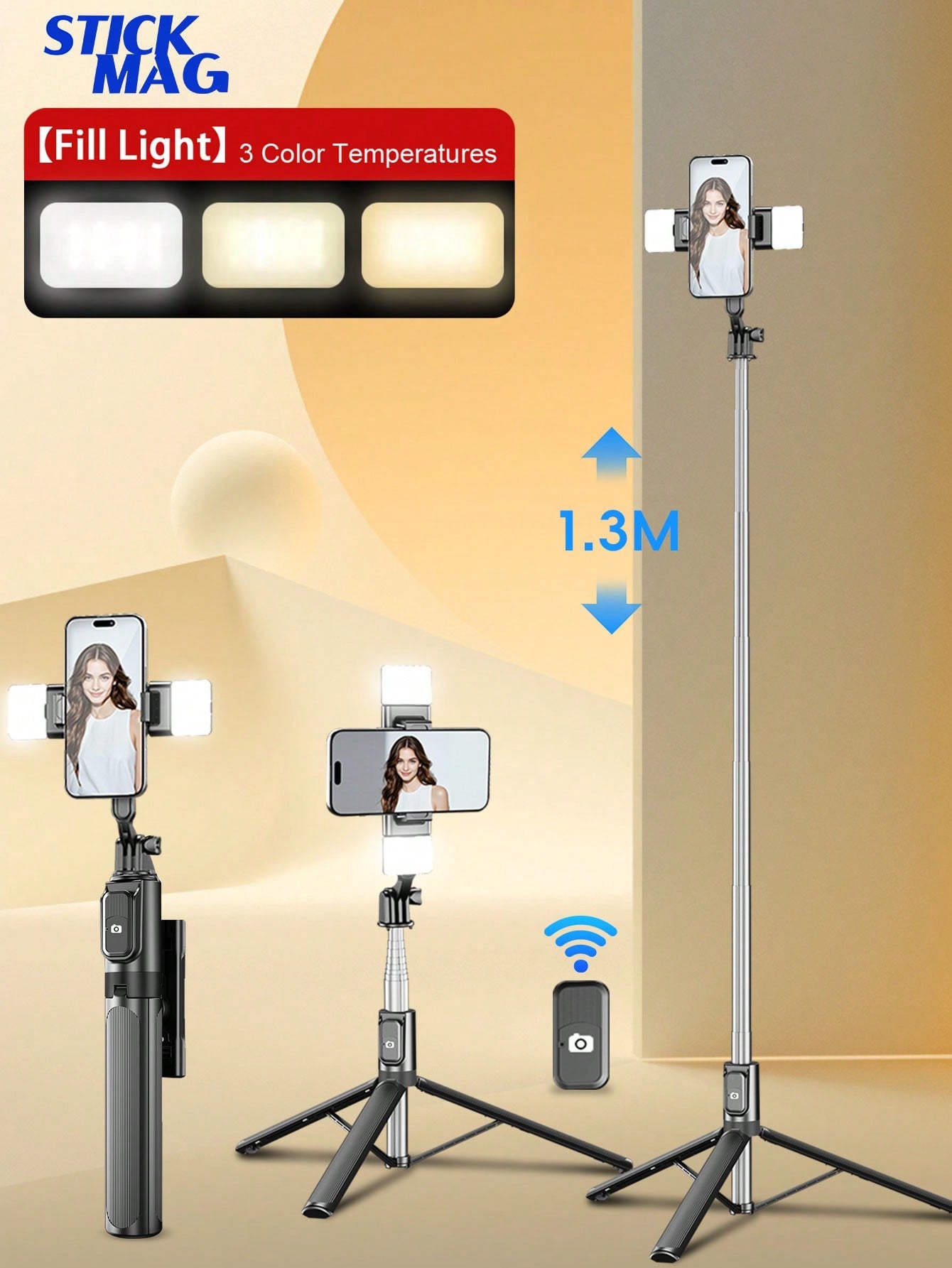 STICKMAG 130cm Wireless Bluetooth Selfie Stick Tripod With 3-Speed Adjustable LED Beauty Light, 360° Rotating Stainless Steel Anti-Shake, Suitable For Smartphones