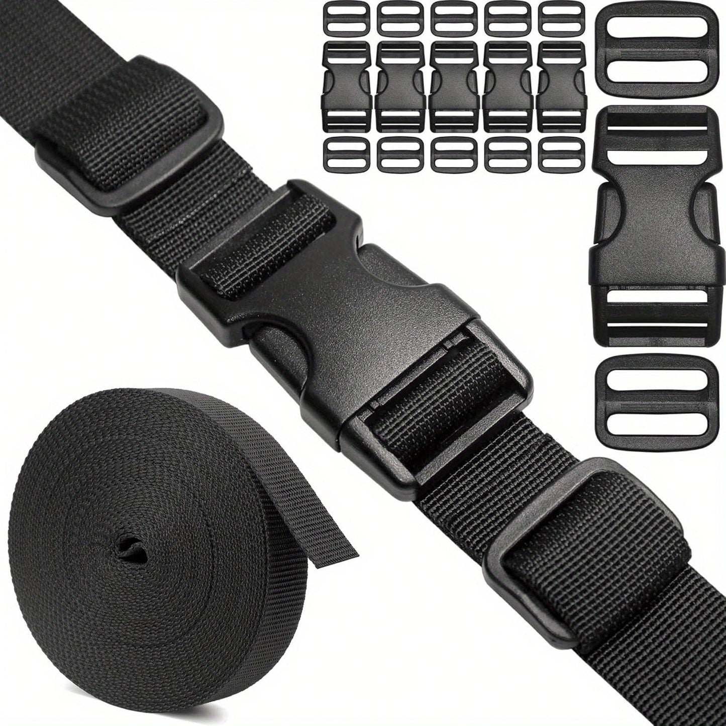 Straps And Buckles Set: 6 Yards Nylon Webbing, 6 Pcs Side Release Buckle, 12 Pcs Tri-Glide Sliders, Plastic Clip Quick Fastener Replacement Buckle