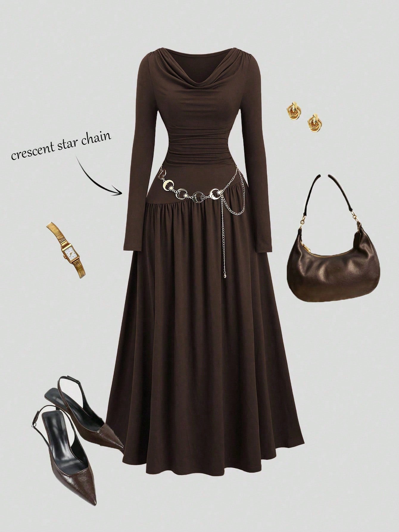 Sweetra Women's Autumn/Winter Coffee Color Plunging Necklace Decor Long Sleeve Simple Elegant Dress