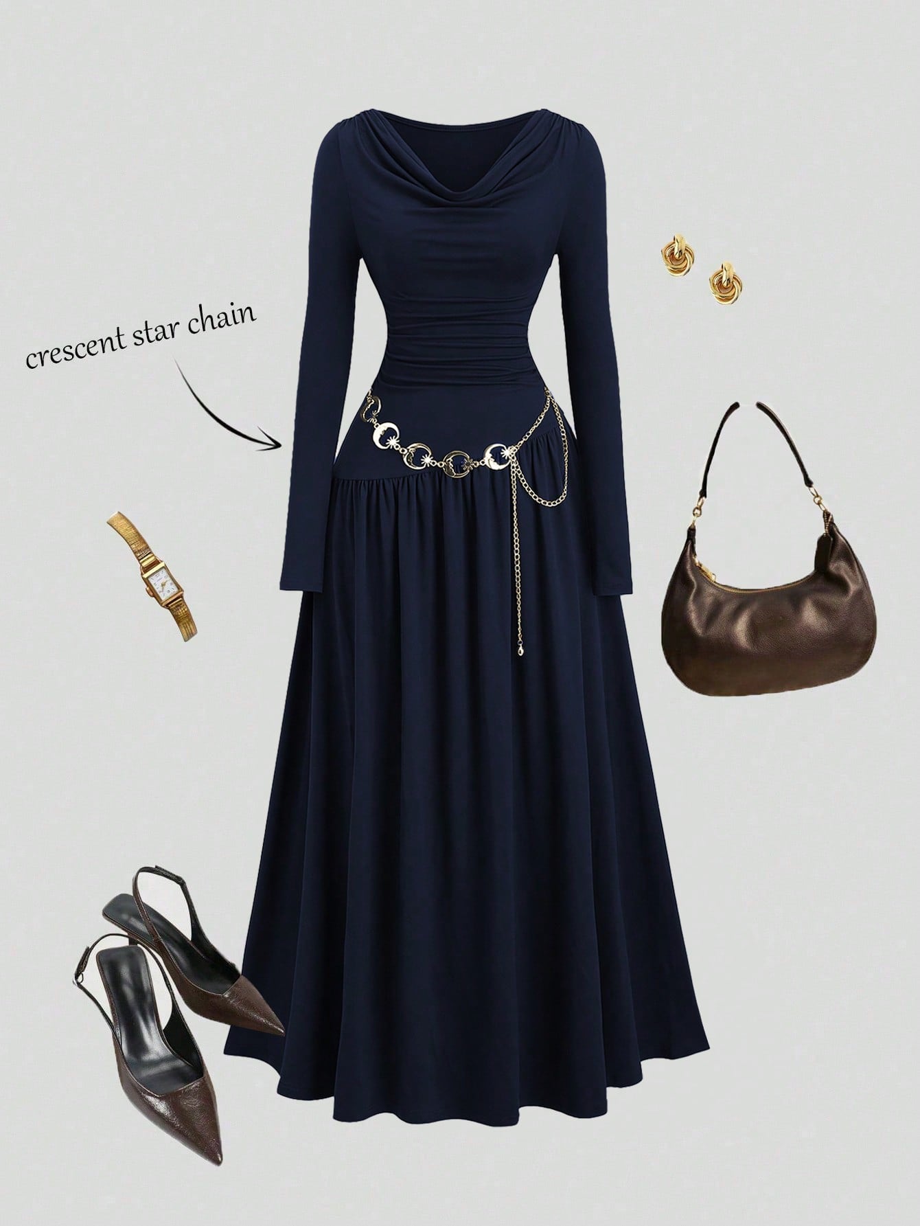 Sweetra Women's Autumn/Winter Coffee Color Plunging Necklace Decor Long Sleeve Simple Elegant Dress