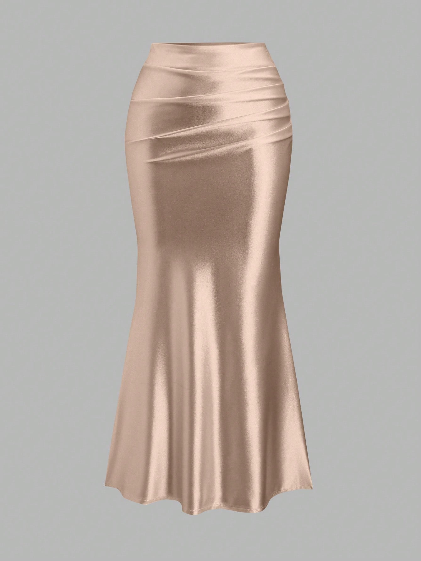 Sweetra Women's Elegant Khaki Plain Fabric Mermaid Midi Skirt With Zipper Detail