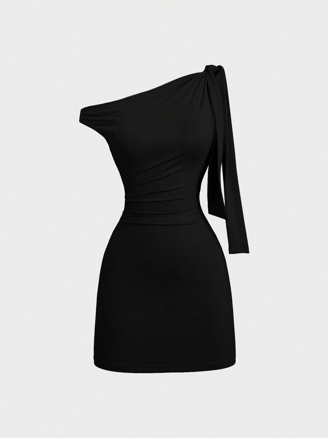 Sweetra Women's Oblique Shoulder Flounce Sexy Bodycon Dress, Waist Cinching, Bodycon, French Chic Mini Dress