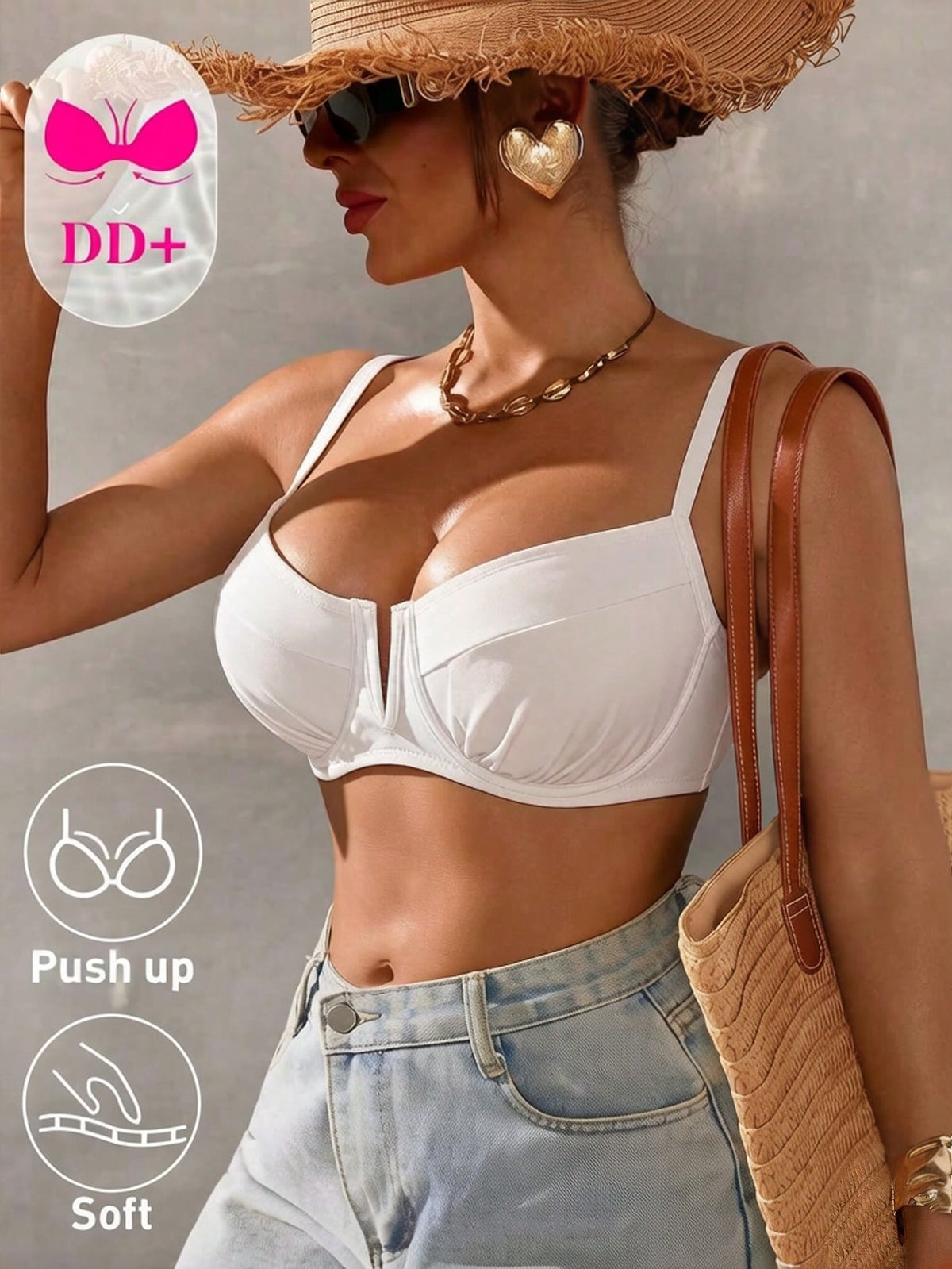 Swim DD+ DD+ Women's Solid Color Spaghetti Strap Adjustable Shoulder Strap Back Buckle Front V-Neck Camisole Top