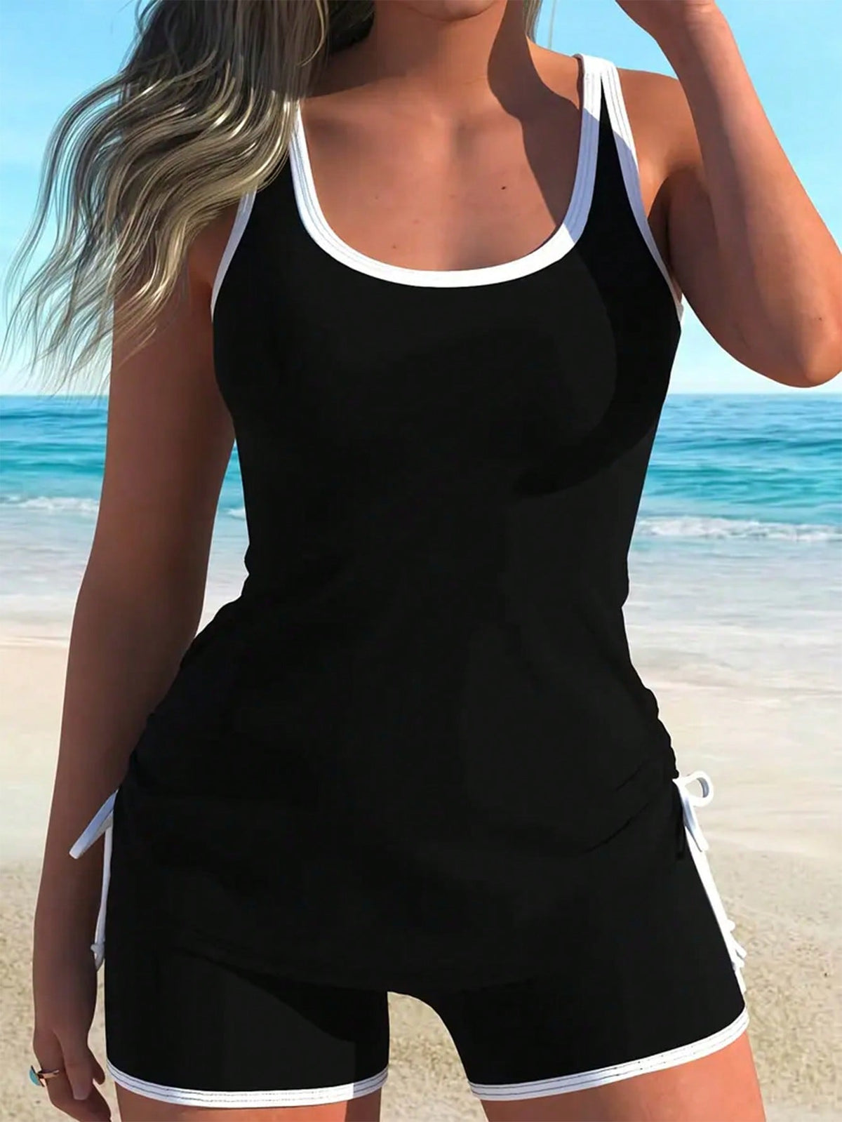 Swim Lushoire New Summer Women Beach Outfit Sleeveless Round Neck Contrast Color Drawstring Waist Shorts Black Casual Vacation Bikini Set