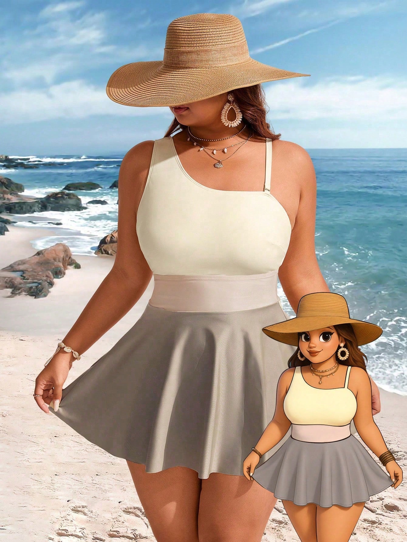 Swim Lushoire Plus Size Women 2pcs Set Contrast Color One-Shoulder Ruched Skirt Swimsuit Beach Cover Up For Summer Beach Vacation