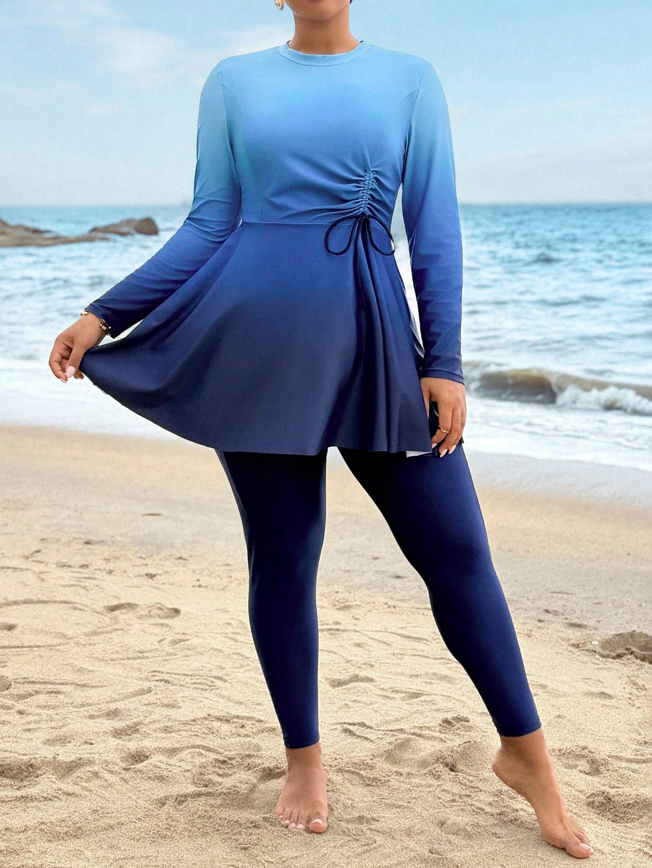 Swim Mulvari Plus Size Women Ombre Ruched Long Sleeve Top And Pants Burkini Two-Piece Swimwear Set, Suitable For Beach Holiday