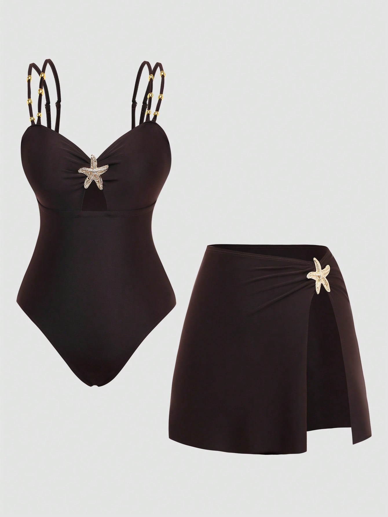 Swim Oasis Women's Plus Size One-Piece Swimsuit & Slit Sarong Skirt Set,Black,Summer,Classy,Formal,Beach,Evening,Holiday,Starfish Print Beaded Adjustable Straps