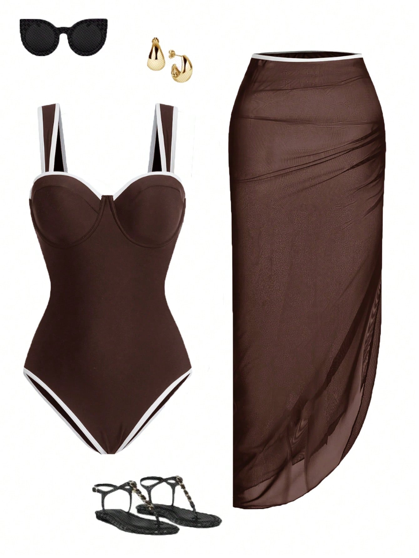 Swim Oasis Women Spring/Summer Beach Swimwear, Solid Colour One-Piece Swimsuit+ Skirt, Going Out Outfit