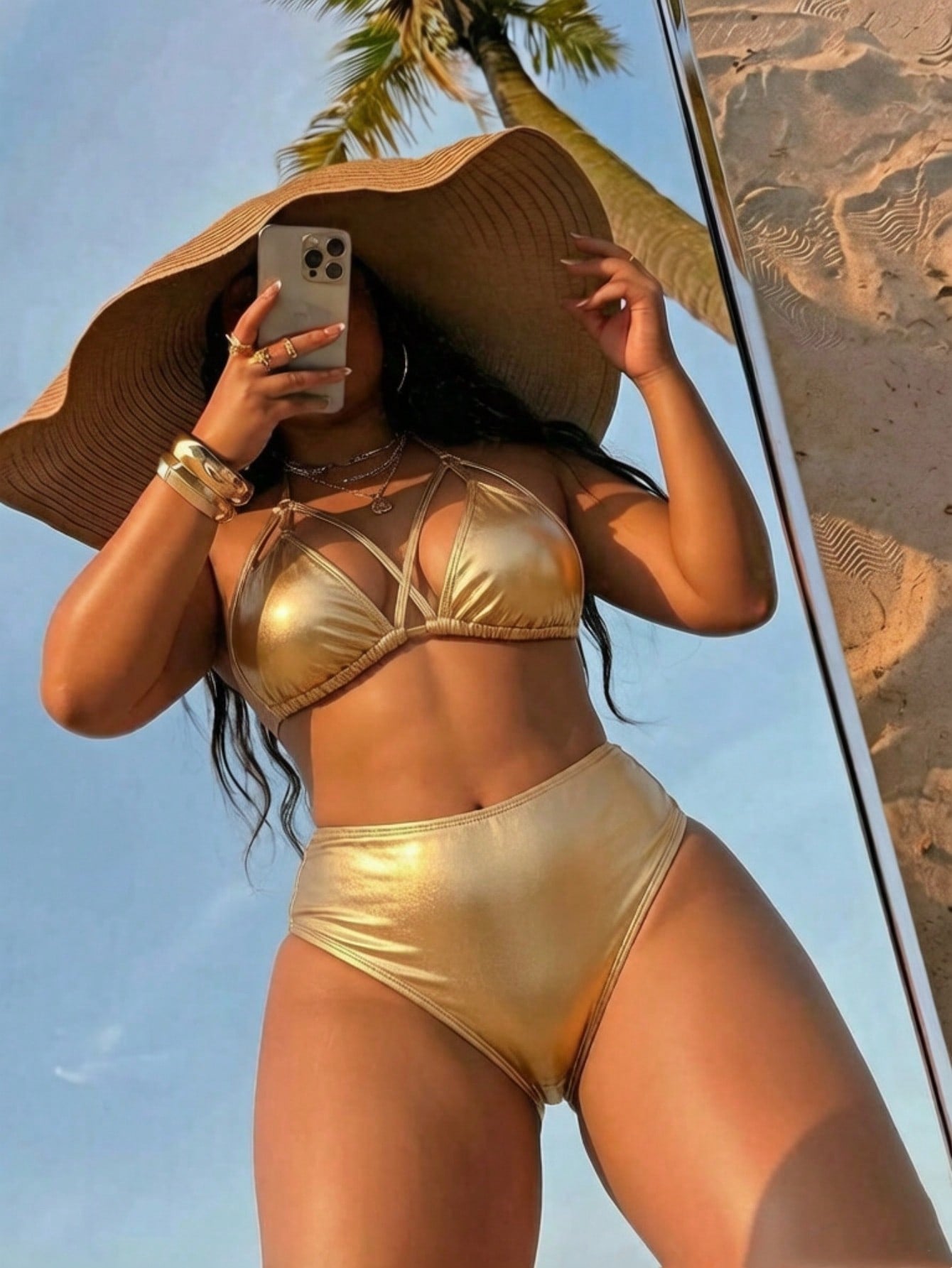 Swim SXY 2026 New Plus Size Women's Solid Color Halter Neck Tie Bikini Top And Bikini Bottom Set, Fashionable And Sexy Beach Vacation Swimsuit