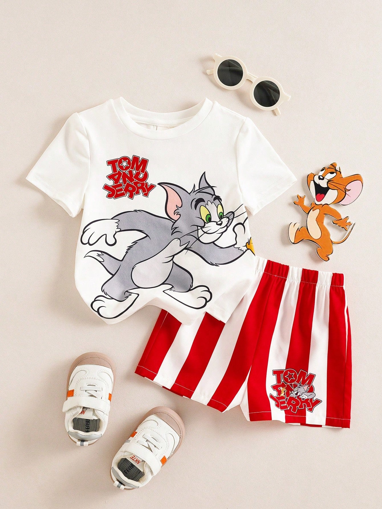TOM & JERRY X 2pcs Baby Boy Summer Cute Cartoon Cat Print Round Neck Short Sleeve T-Shirt And Shorts Set