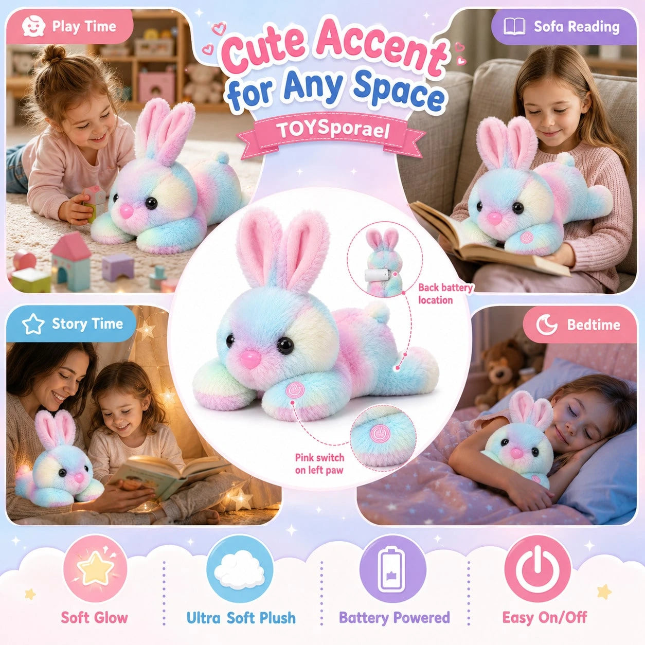 TOYSporael LED Light Up Bunny Plush Toy, Rainbow Glow Rabbit Night Light With Soft Fluffy Fur, Cozy Cuddle Pillow For Kids Girls, Birthday Christmas Easter Gift