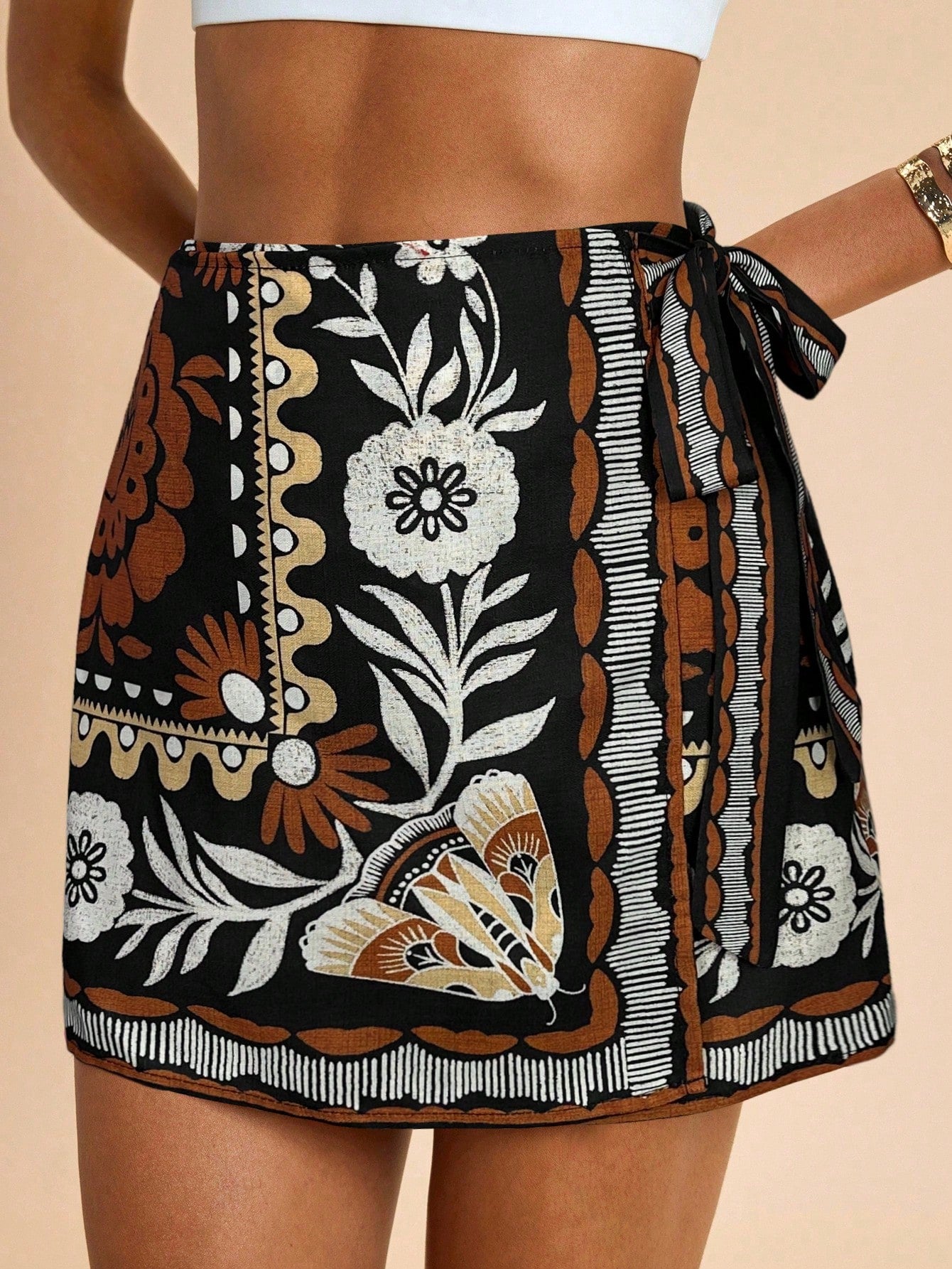 Travachic Women's Black Floral Wrap Around Sarong Skirt,Summer Boho Vacation Holiday Short Embroidered Tie Skirts,Elegant Beach Party Flower Girl Costume