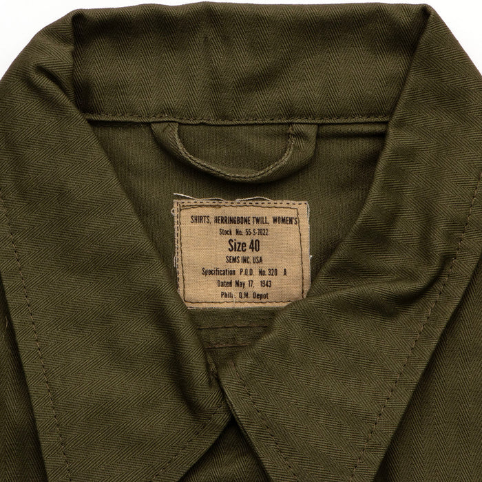 reproduction women's WWII US army uniform shirt in OD cotton twill has a reproduction inner neck tag