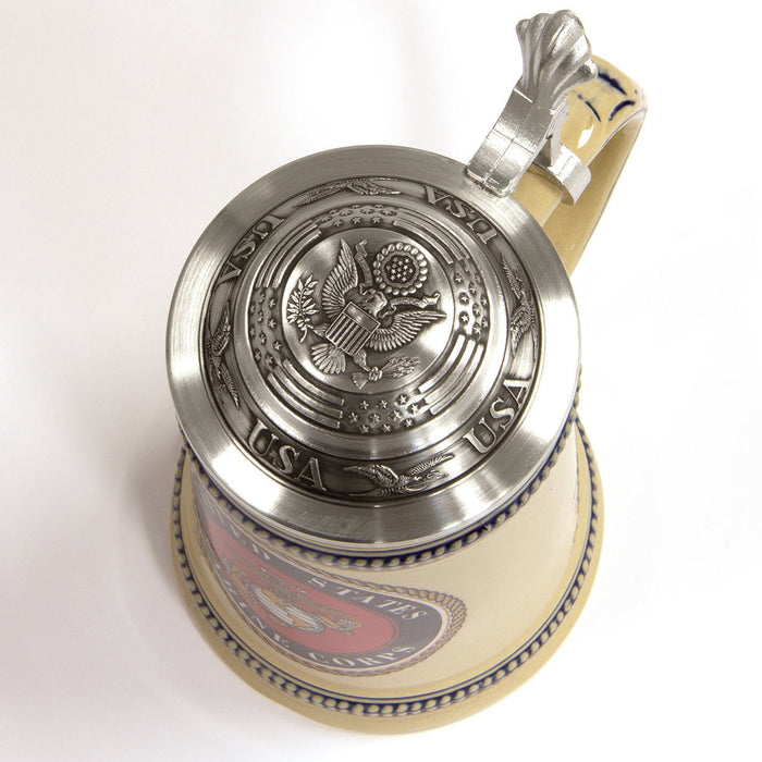 USMC Stoneware Stein with Lid, pewter lid also has USMC emblem with “USAâ€, stars and stripes, eagles around edges.Made in Germany