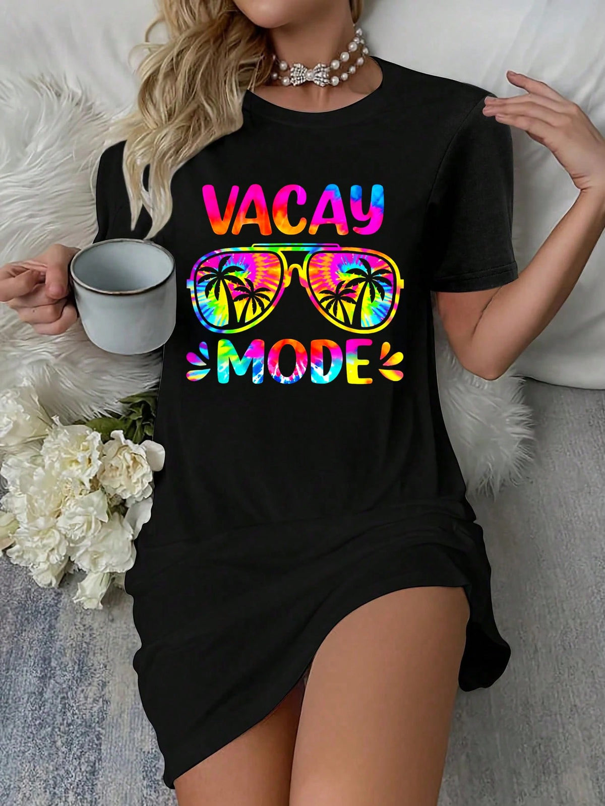 Vacay Mode Palm Tree Beach Vacation Summer Getaway Holiday T-Shirt Dress Women's Dress, Casual Summer Dress
