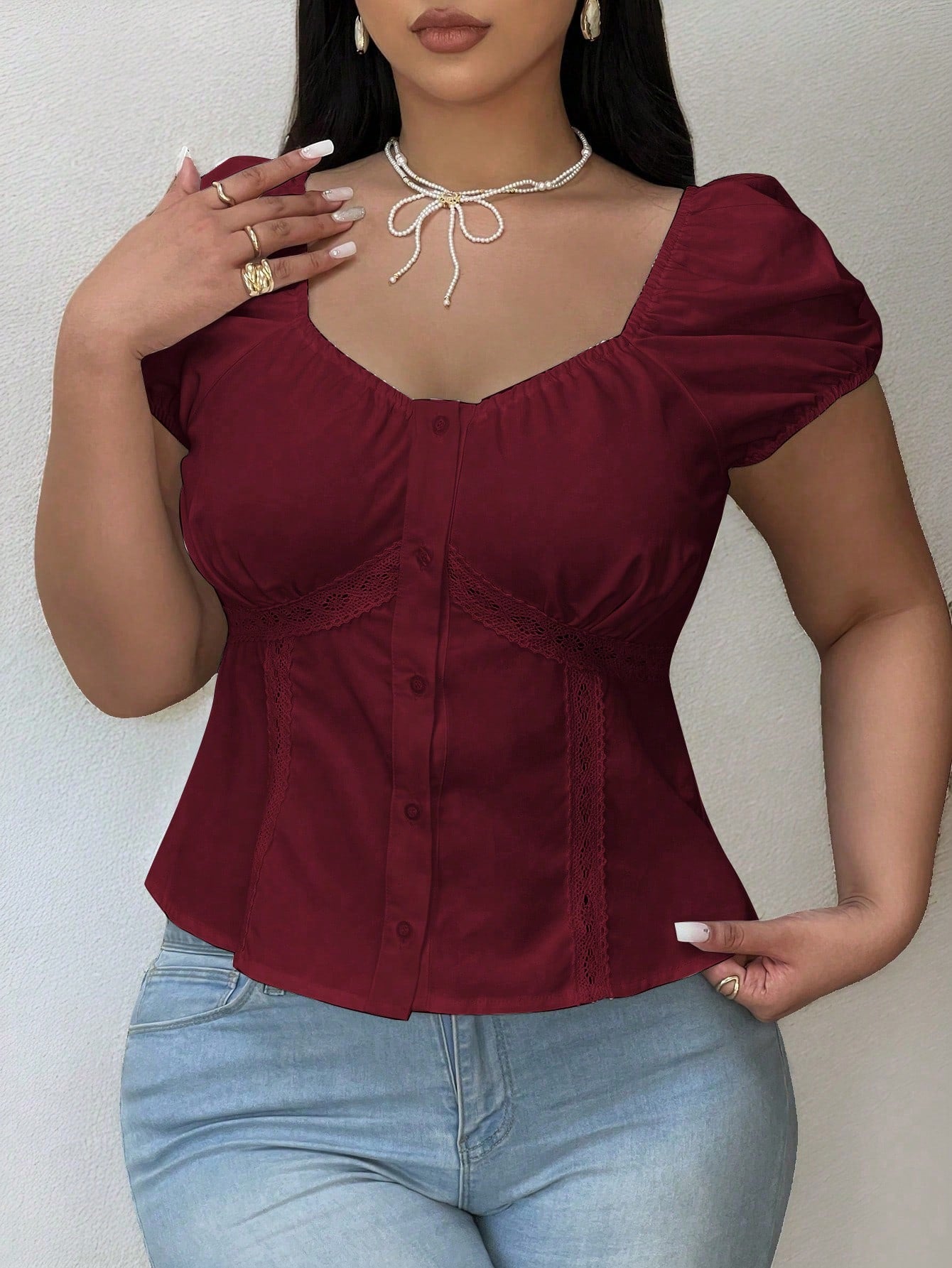 Vibekara Plus Size Summer Casual Puff Sleeve Sweetheart Neck Button Front Shirt