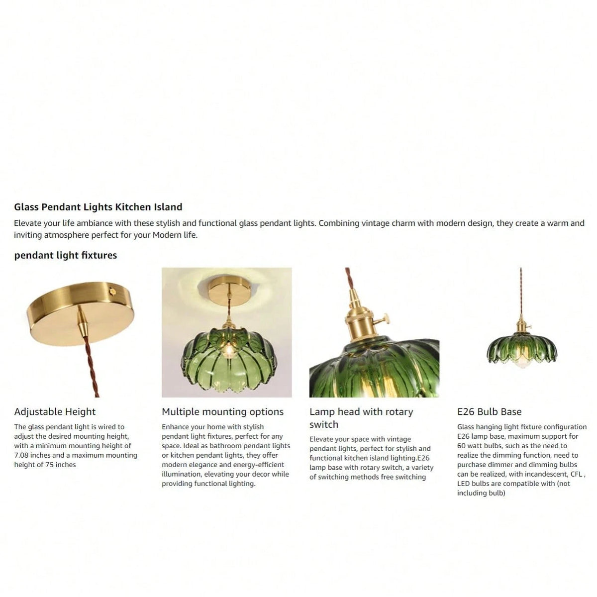 Vintage Green Glass Pendant Light- Flower- Shaped Hanging Lamp With Brass Accents For Bedroom, Living Room, Dining Room & Kitchen
