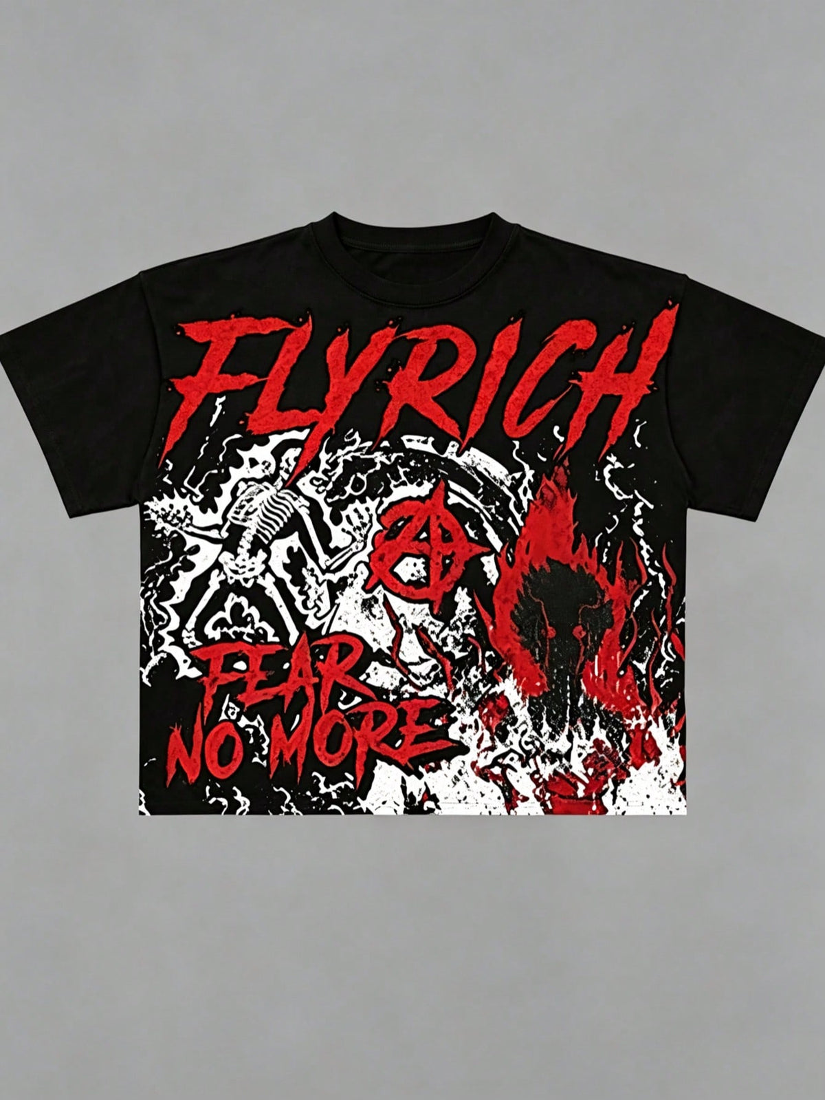 Women's Casual Cotton Round Neck Short Sleeve T-Shirt 'FLYRICH FEAR NO MORE' Skeleton Print Grunge Streetwear Top