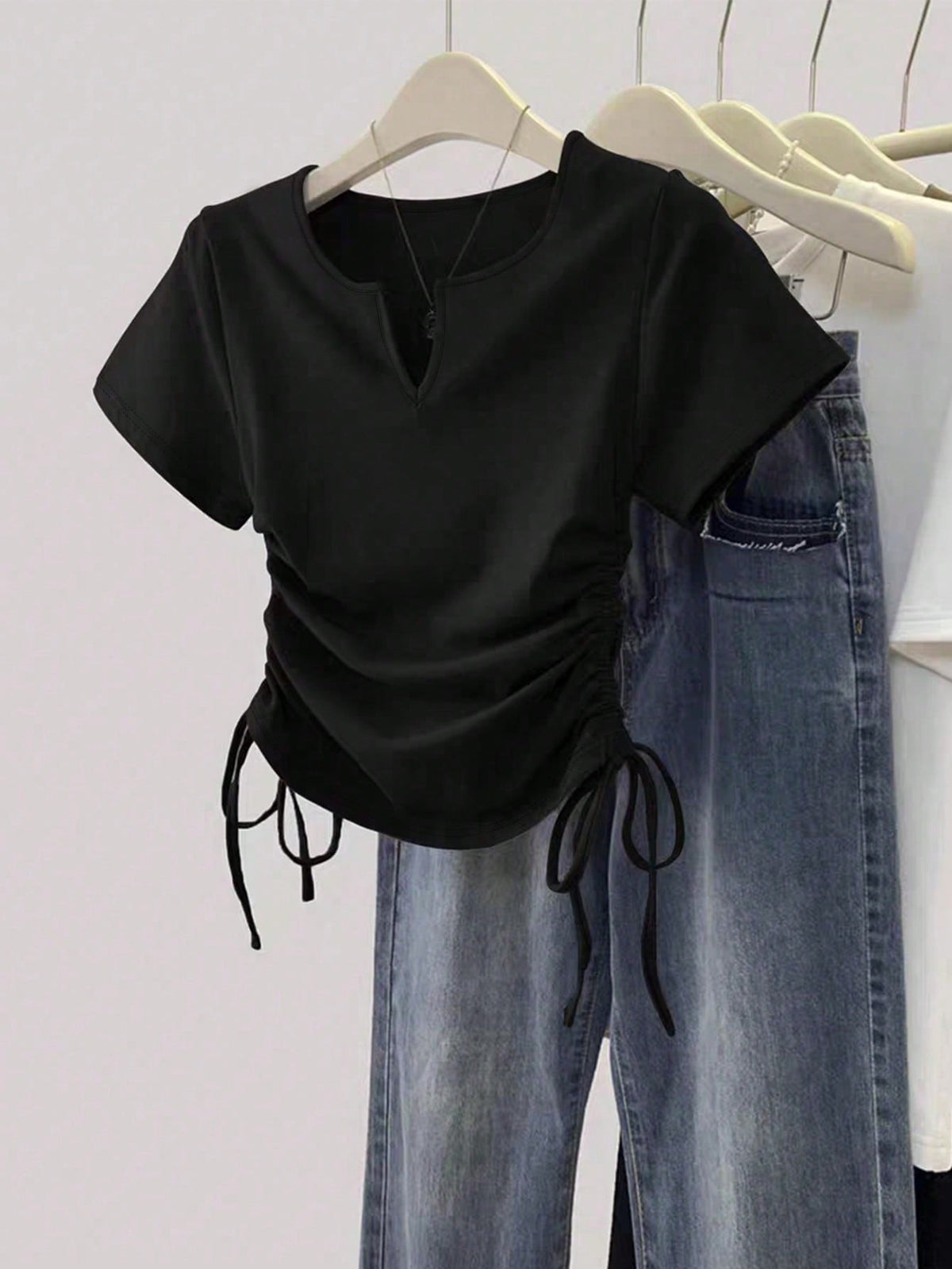 Women's Casual Solid Color Side-Drawstring Short Sleeve T-Shirt, Summer