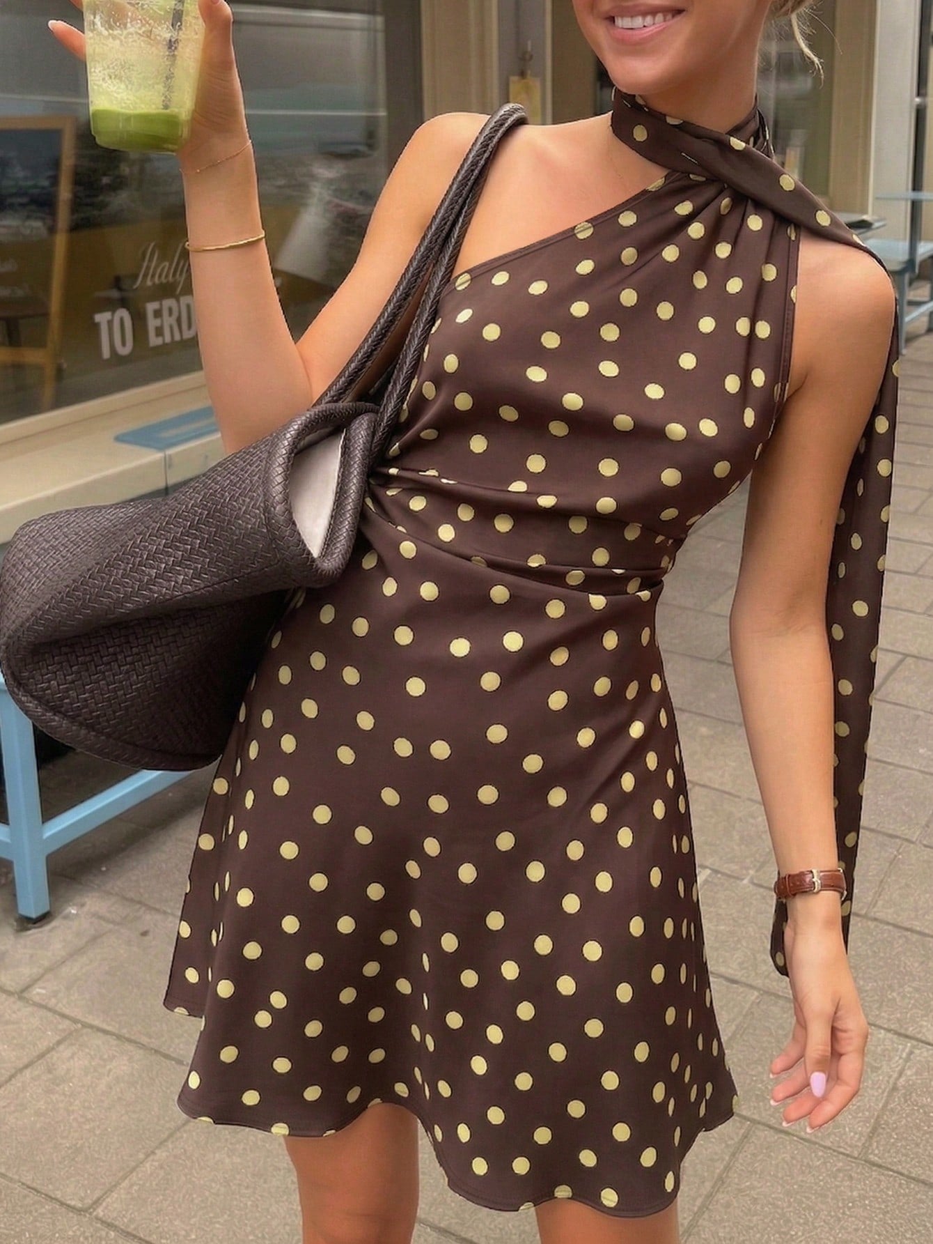 Women's Fashion Vacation Polka Dot Print Elegant Casual Sexy Asymmetrical Shoulder Asymmetric Ruched Fitted Tie-Front Dress, Back To School Outfit Party