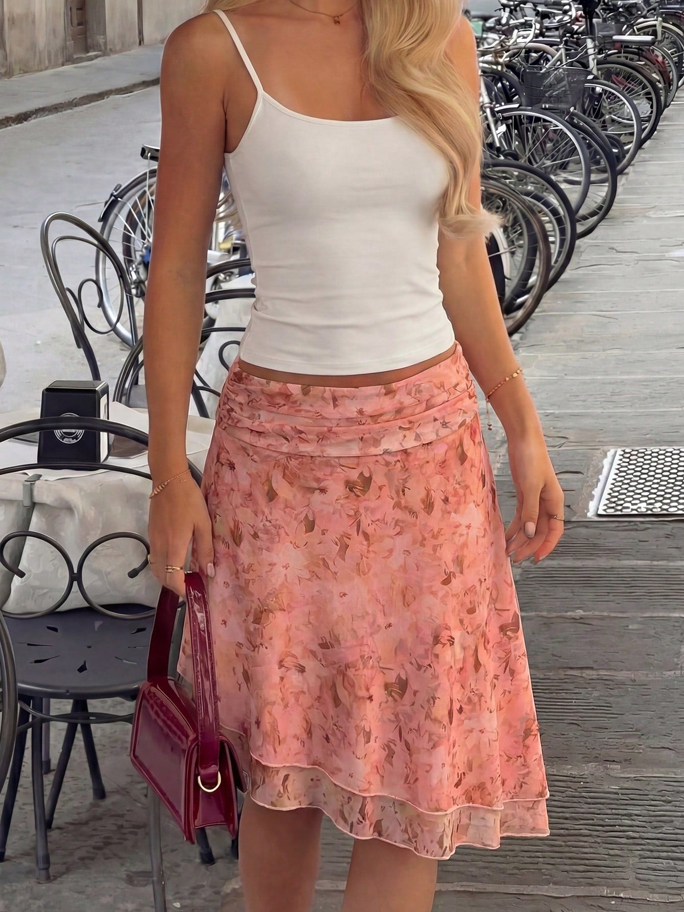 Women's Floral Print Ruched Waist Asymmetric Hem Midi Skirt, Vacation