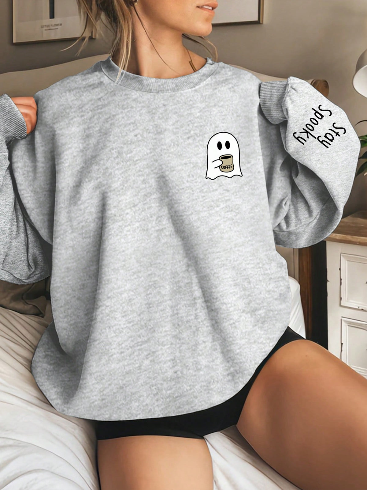 Women's Ghost Print Crew Neck Long Sleeve Sweatshirt
