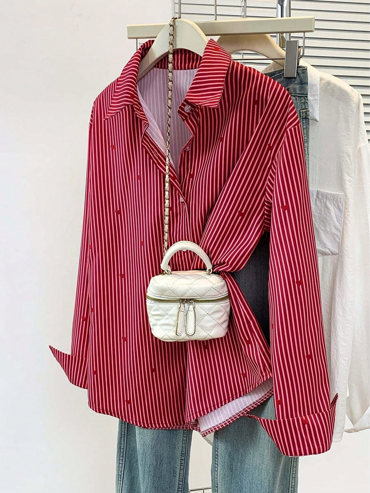 Women's Heart Print Shirt Collar Striped Blouse, Casual Button Long Sleeve Vacation Top, Daily, Spring Summer Fall Winter, Women's Office Work Shirt