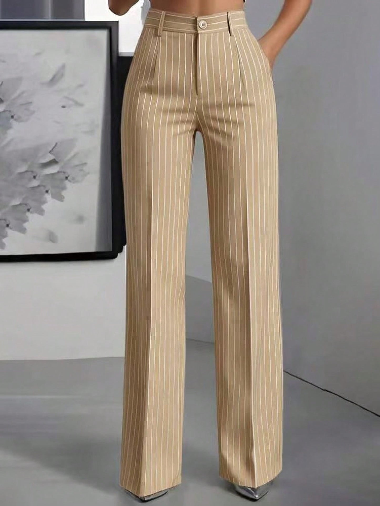 Women's High Waist Pinstripe Wide Leg Pants, Formal Office Style, Tailored Straight Leg Fit, Workwear & Evening Events, Red & White Stripe Pattern