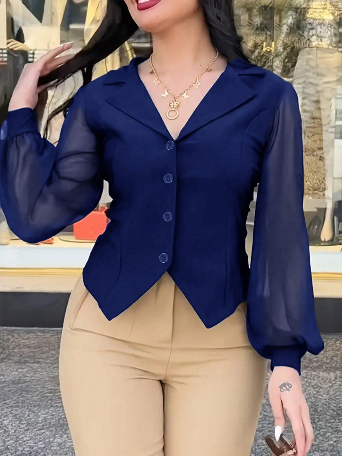 Women's Simple Casual Solid Color Lantern Sleeve Front Button Shirt Spring