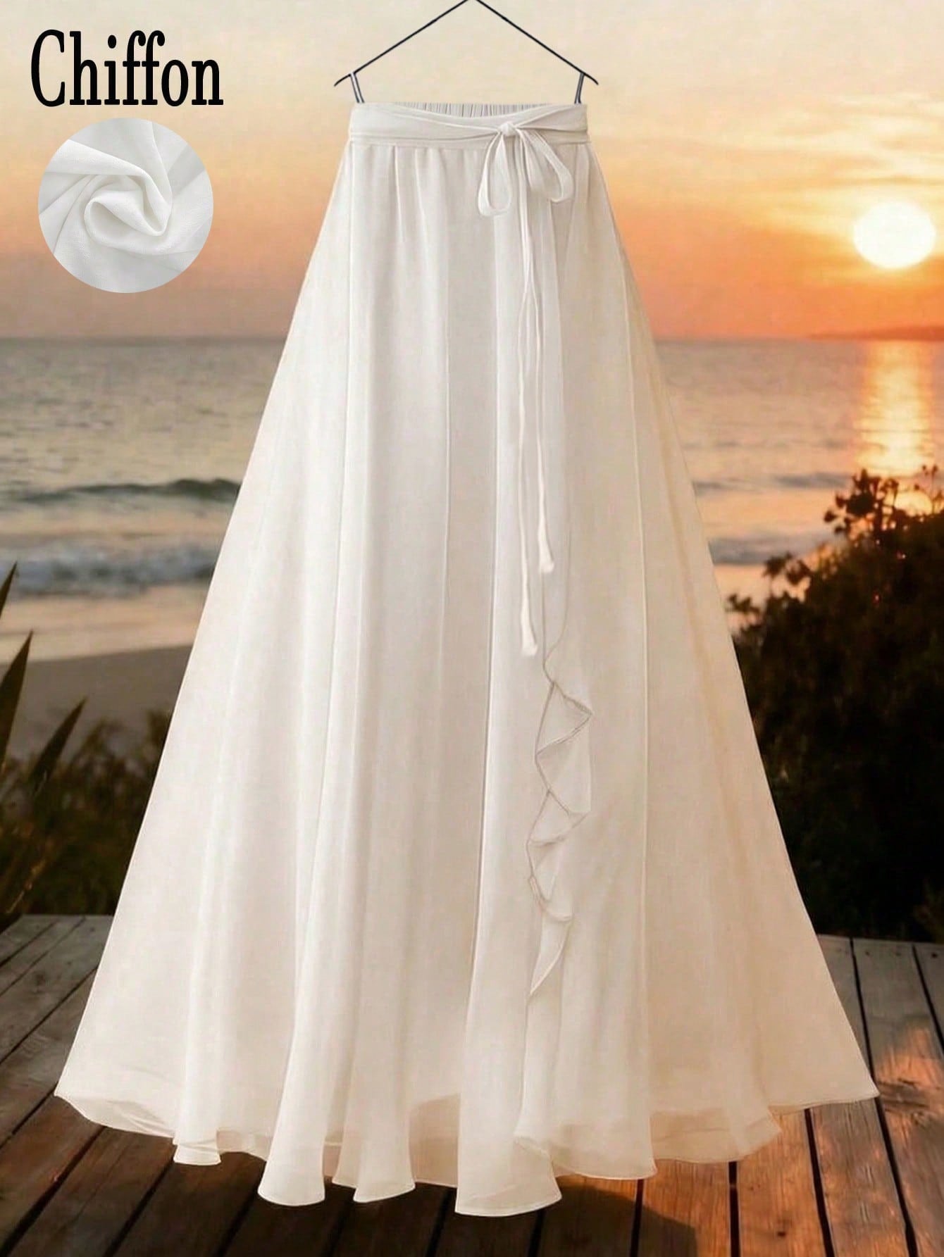 Women's Solid Color Elegant Floral Lace/Ruffle Waist Tie Draped Maxi A-Line Skirt White Summer