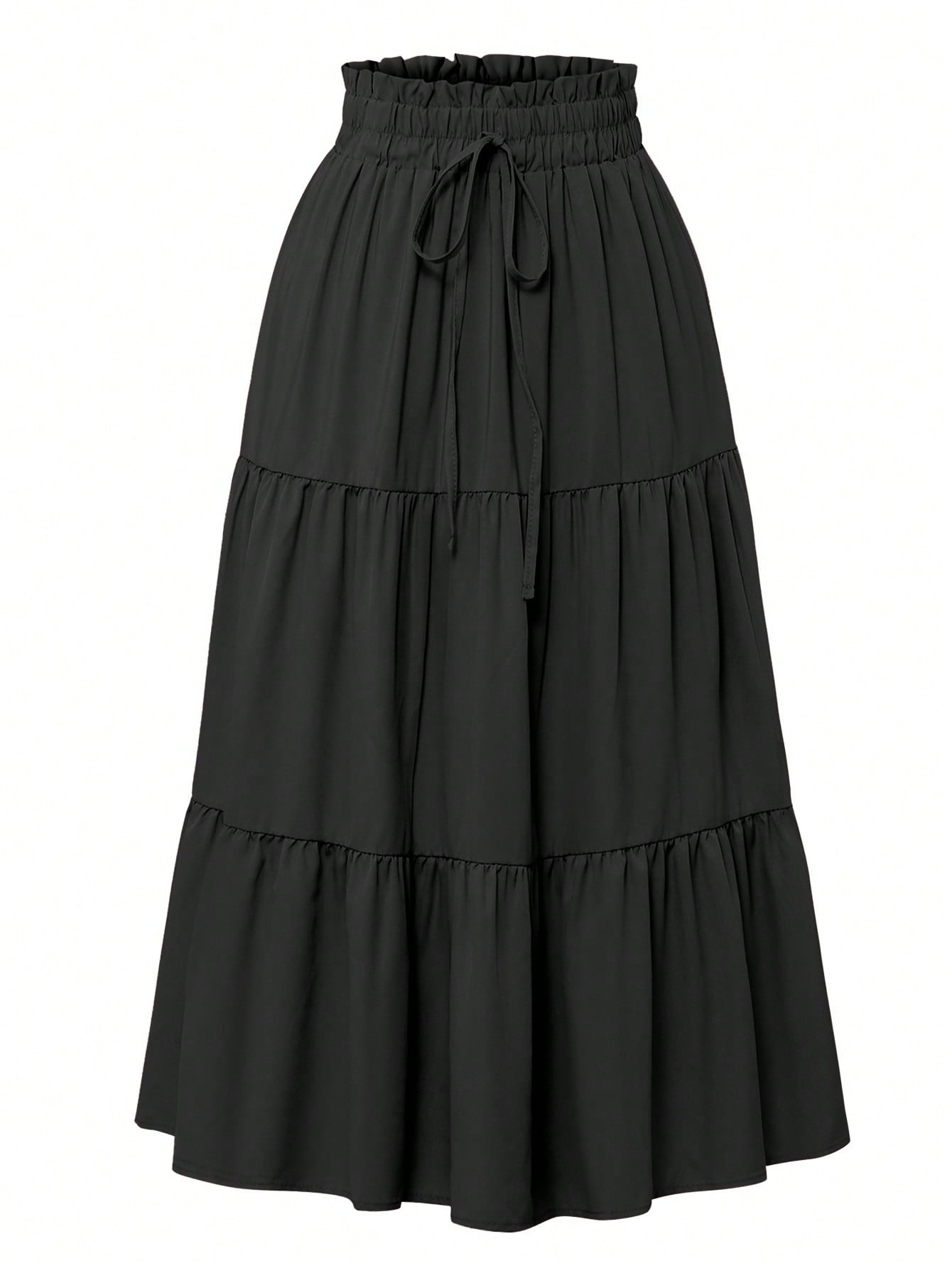 Women's Solid Color Layered Pleated Elastic Waist Vacation Skirt Black Spring