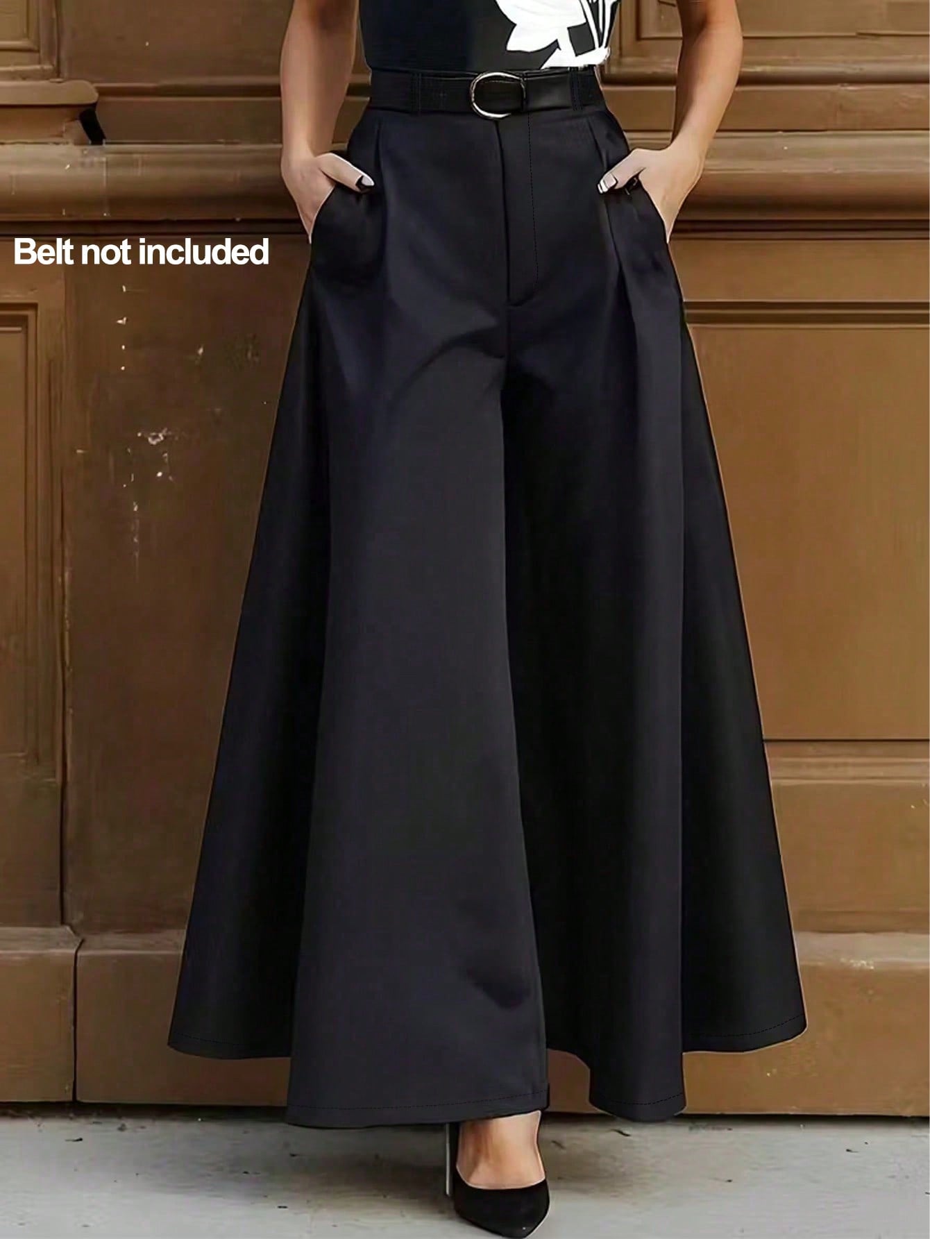 Women's Solid Color Pleated Pocket Wide Leg Loose Casual Pants Black Spring