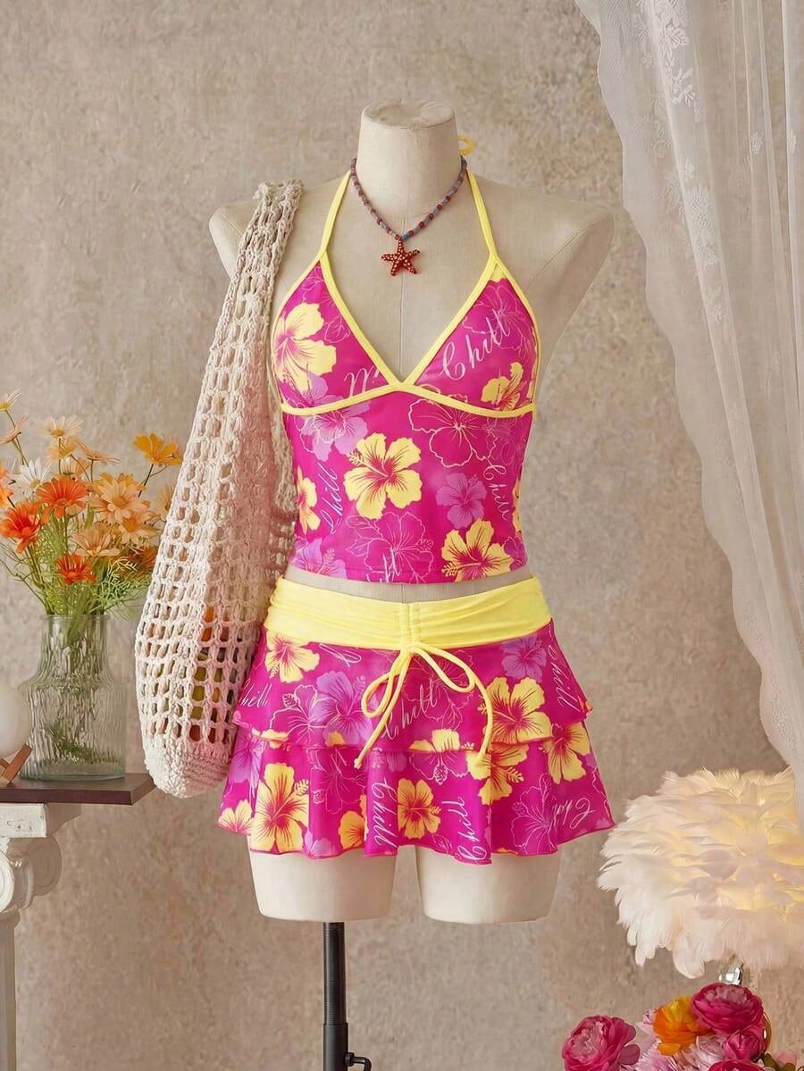 Women's Spring/Summer Beach Music Festival Floral Print Colorblock Wrap Tie-Up Ruffle Hem Skirt Tunic 3-Piece Set