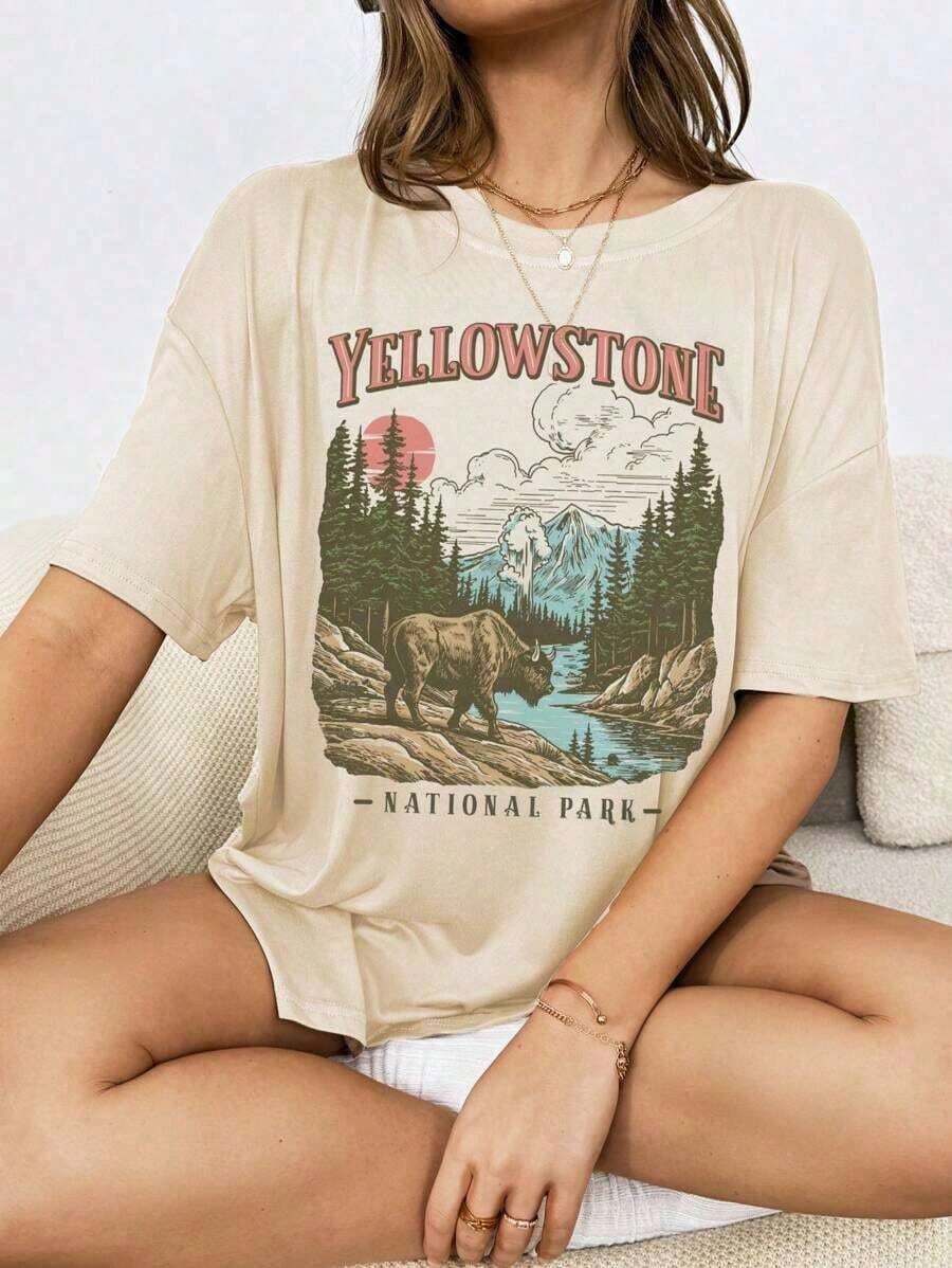 Women's Vintage American National Park Cotton Graphic T-Shirt, Retro Granola Girl Gorpcore Boho Forestcore Style, Summer Tops For Women