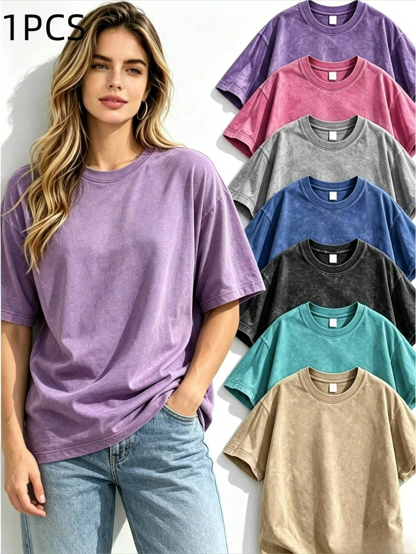 0-5XLSoft Acid Wash Cotton Women Oversized Crew Neck Short Sleeve Tee, Vintage Solid Casual Summer Tops Daily Beach Vacation Multi Color Available