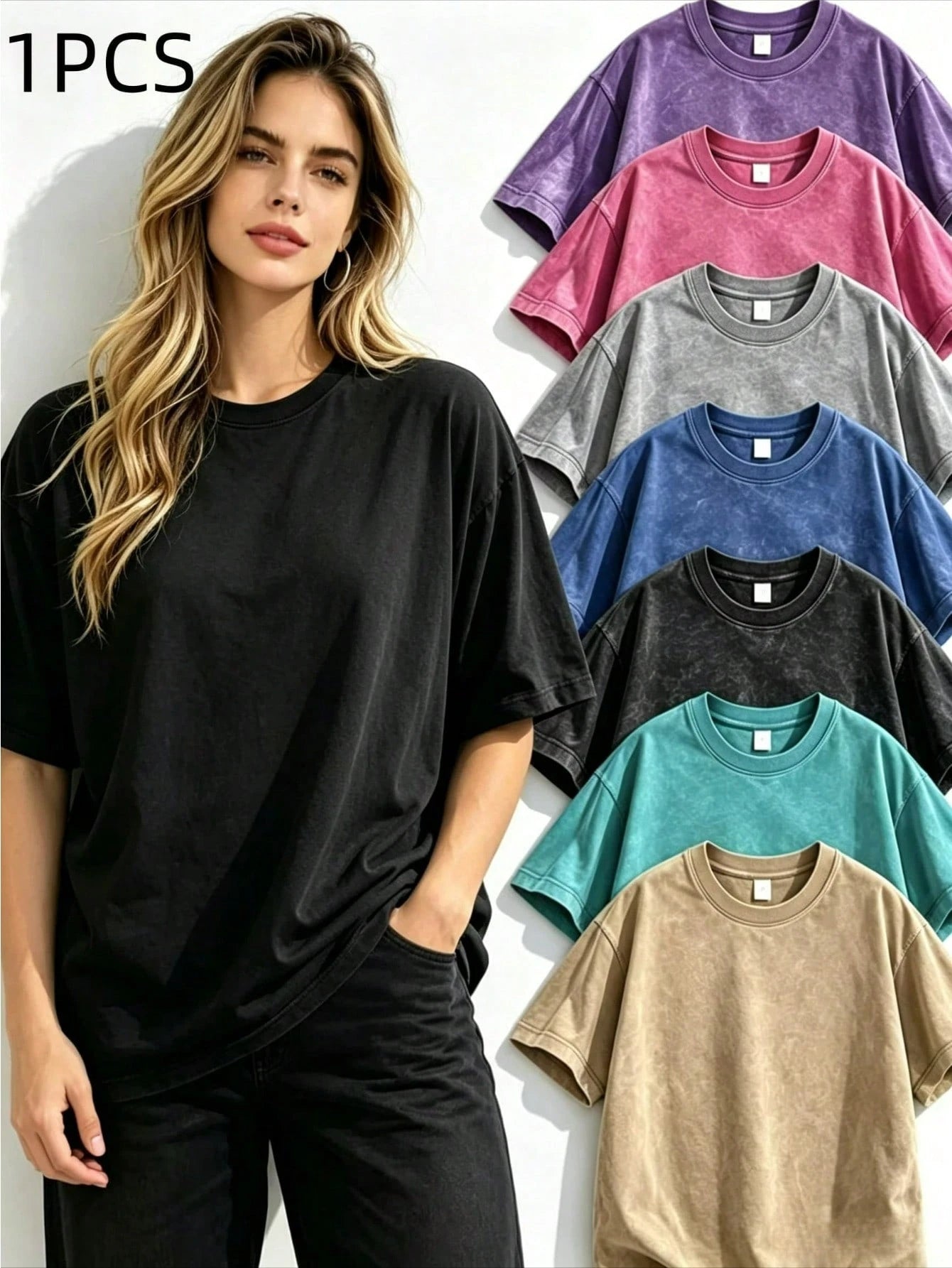 0-5XLSoft Acid Wash Cotton Women Oversized Crew Neck Short Sleeve Tee, Vintage Solid Casual Summer Tops Daily Beach Vacation Multi Color Available
