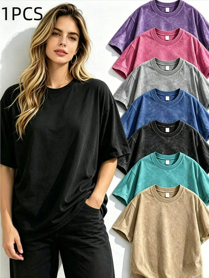 0-5XLSoft Acid Wash Cotton Women Oversized Crew Neck Short Sleeve Tee, Vintage Solid Casual Summer Tops Daily Beach Vacation Multi Color Available