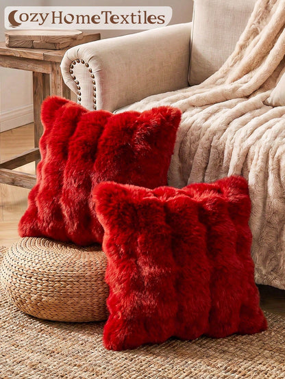 1/2/4pcs Christmas Red Luxury Faux Rabbit Fur Pillow Covers, Without Pillow Insert, Warm Soft Comfortable, Fluffy Plush Home Decor Cushion Covers, Suitable For Living Room Sofa, Bedroom Bed, Large Dec