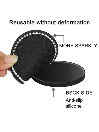 1/2pcs Car Cup Holder Coasters, Shiny Cup Holder Insert Coasters, Universal Anti-Slip Car Cup Holder Decorative Silicone Cup Mats, Car Interior Pad, 7cm/2.75" Soft Crystal Rhinestone Rubber Coaster Se