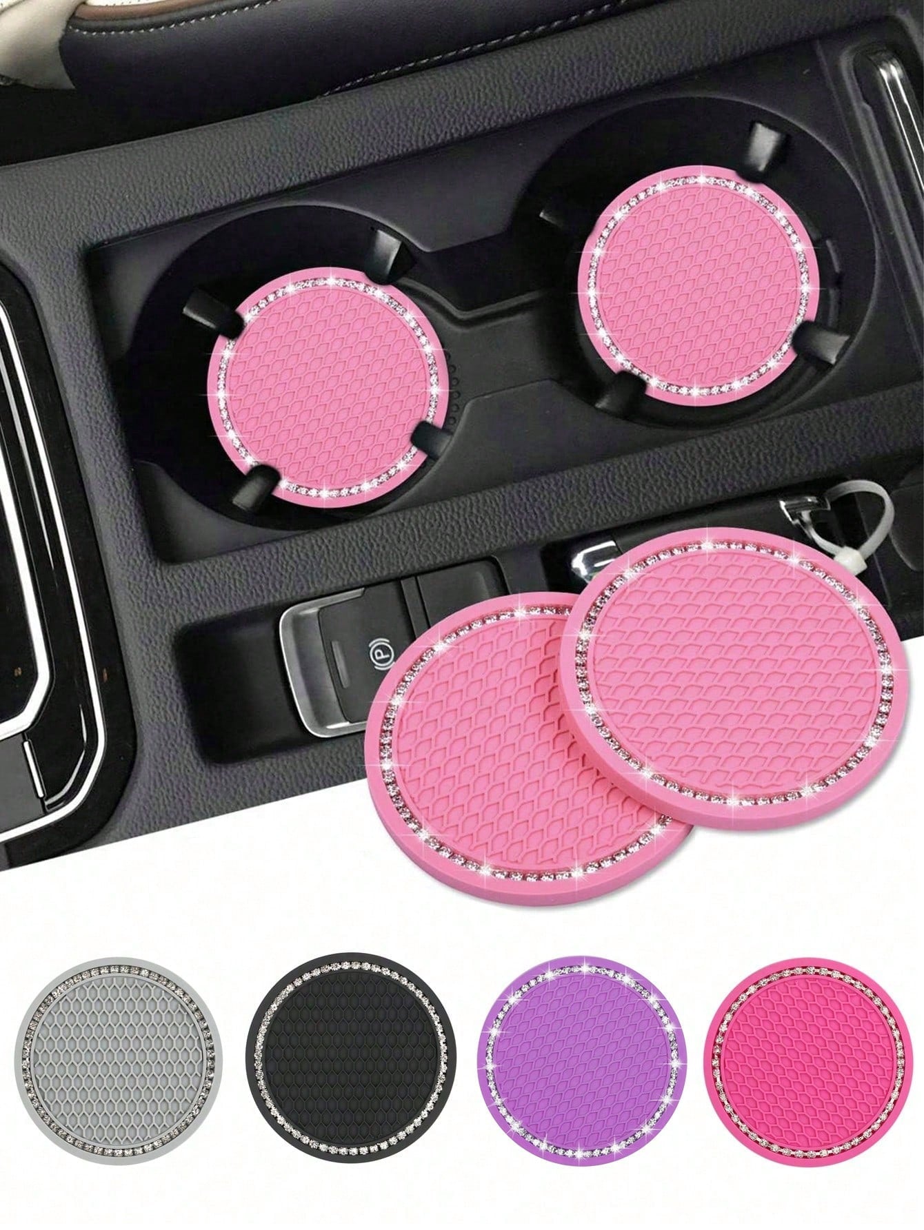 1/2pcs Car Cup Holder Coasters, Shiny Cup Holder Insert Coasters, Universal Anti-Slip Car Cup Holder Decorative Silicone Cup Mats, Car Interior Pad, 7cm/2.75" Soft Crystal Rhinestone Rubber Coaster Se