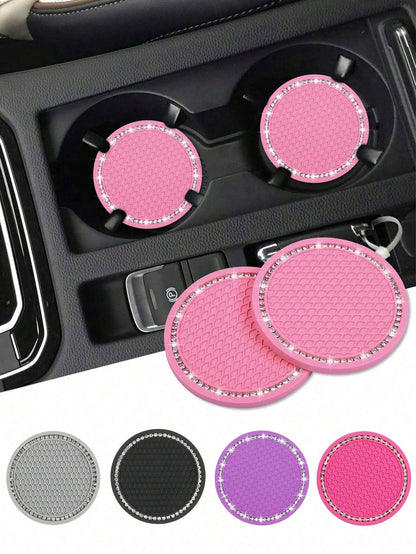 1/2pcs Car Cup Holder Coasters, Shiny Cup Holder Insert Coasters, Universal Anti-Slip Car Cup Holder Decorative Silicone Cup Mats, Car Interior Pad, 7cm/2.75" Soft Crystal Rhinestone Rubber Coaster Se